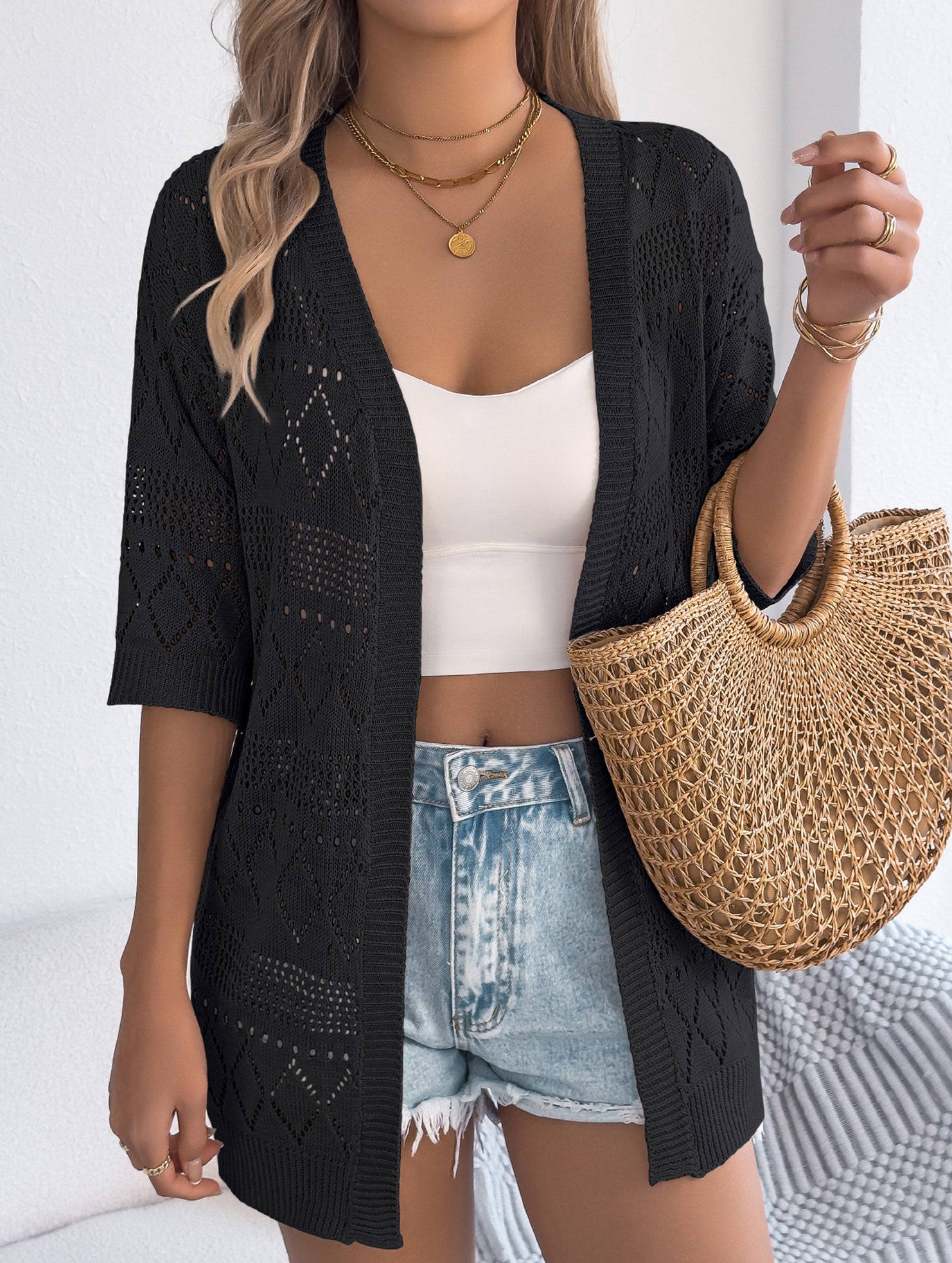 Solid Hollow Mid Sleeve Knit Cardigan_CWOCAS00016
