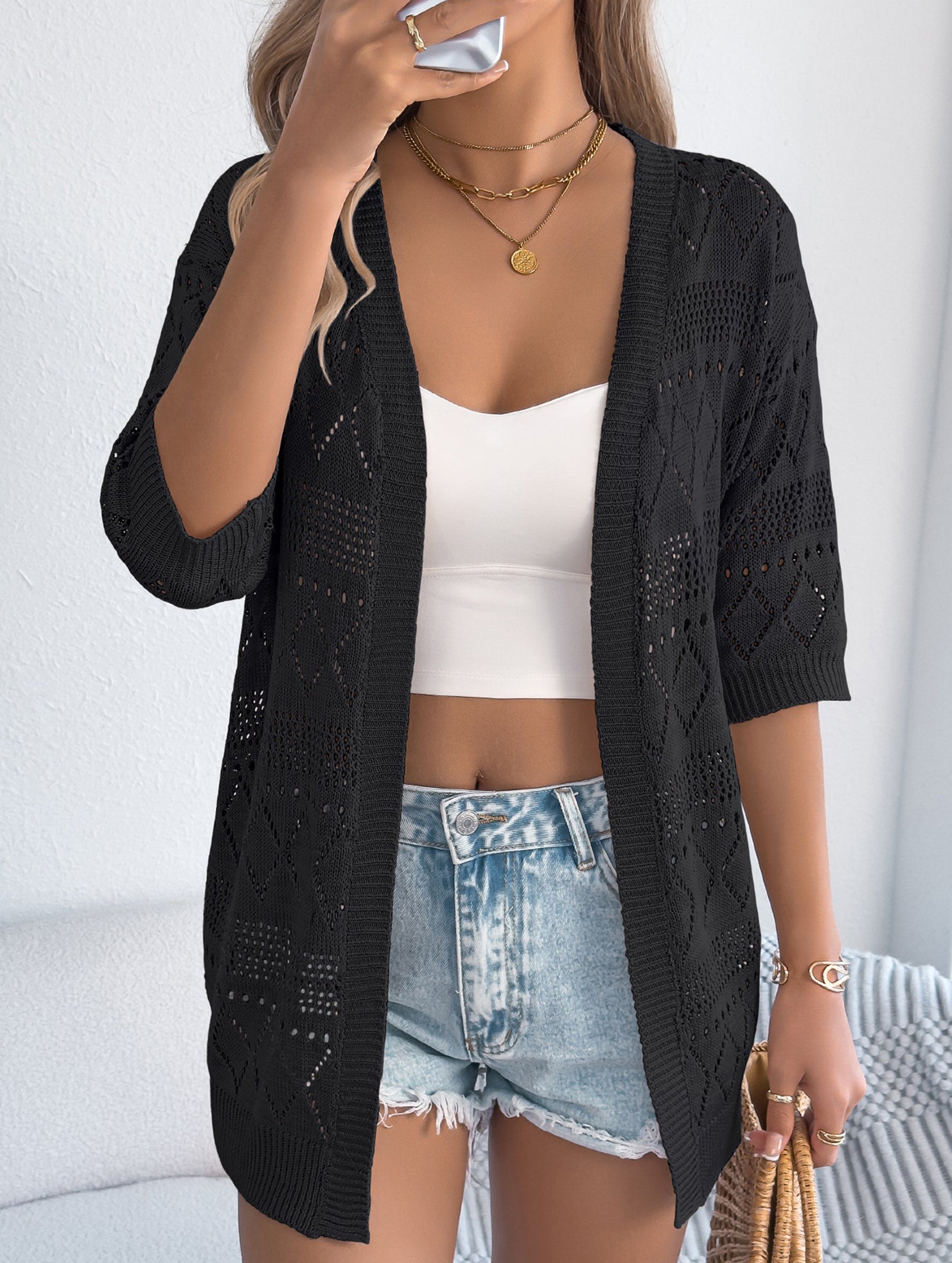 Solid Hollow Mid Sleeve Knit Cardigan