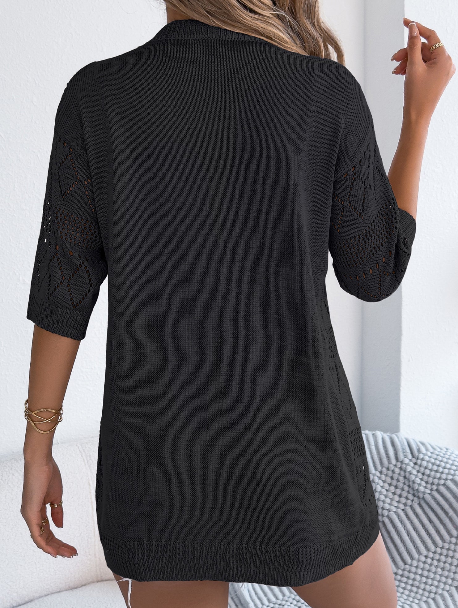 Solid Hollow Mid Sleeve Knit Cardigan_CWOCAS00016