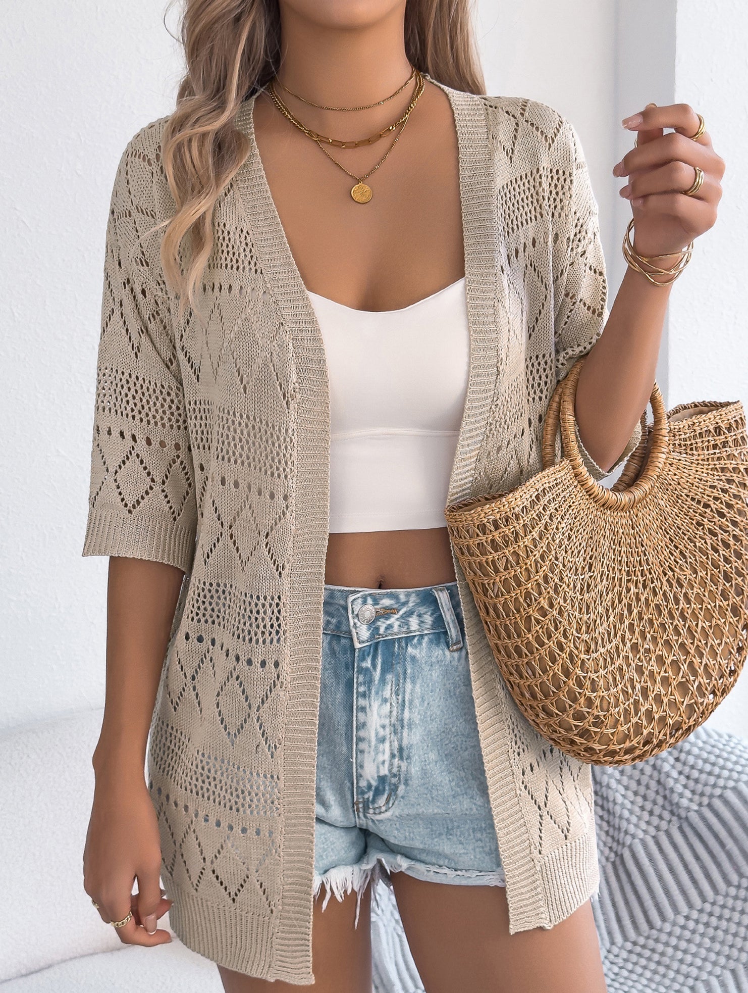 Solid Hollow Mid Sleeve Knit Cardigan_CWOCAS00016