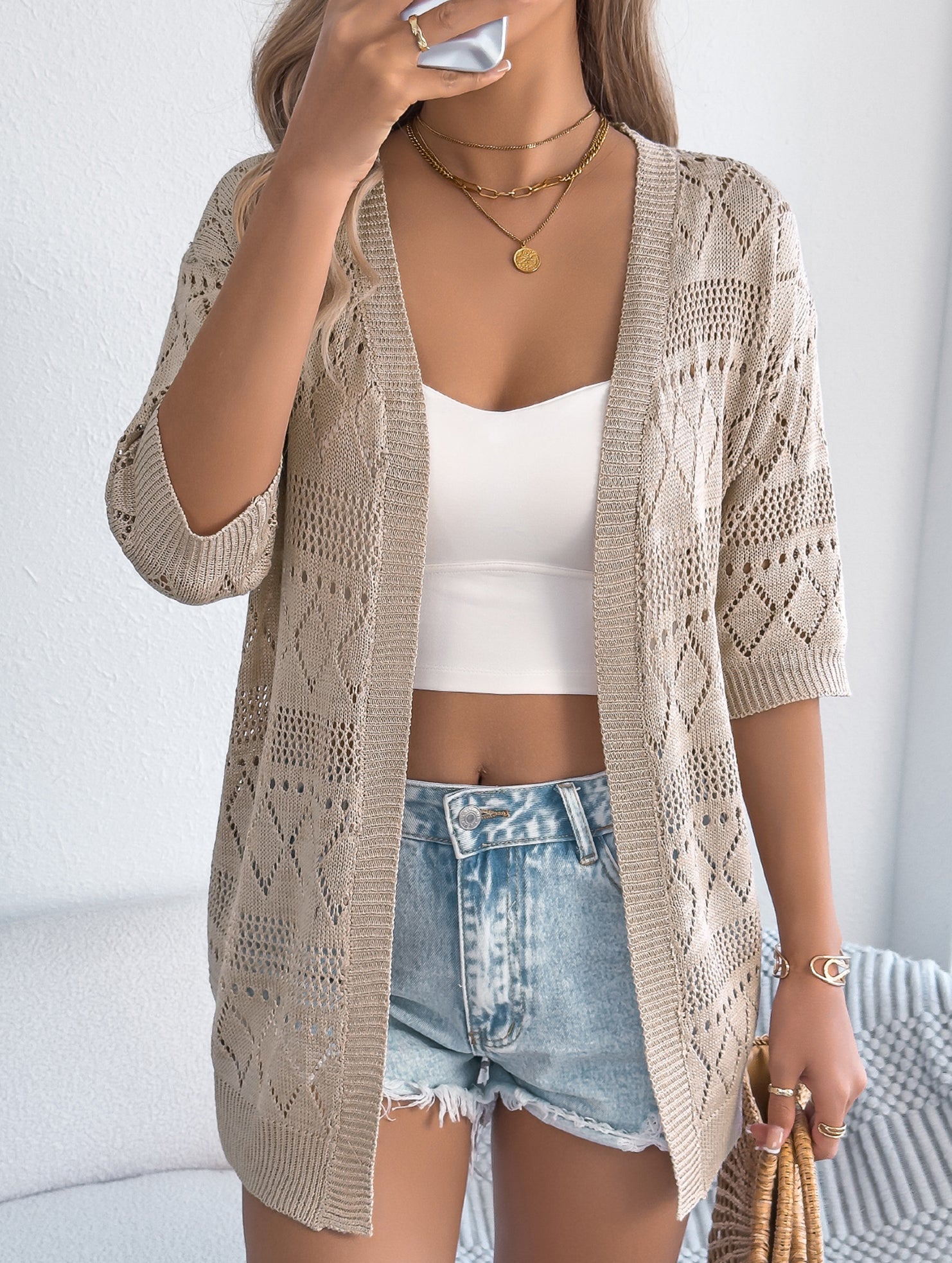 Solid Hollow Mid Sleeve Knit Cardigan_CWOCAS00016