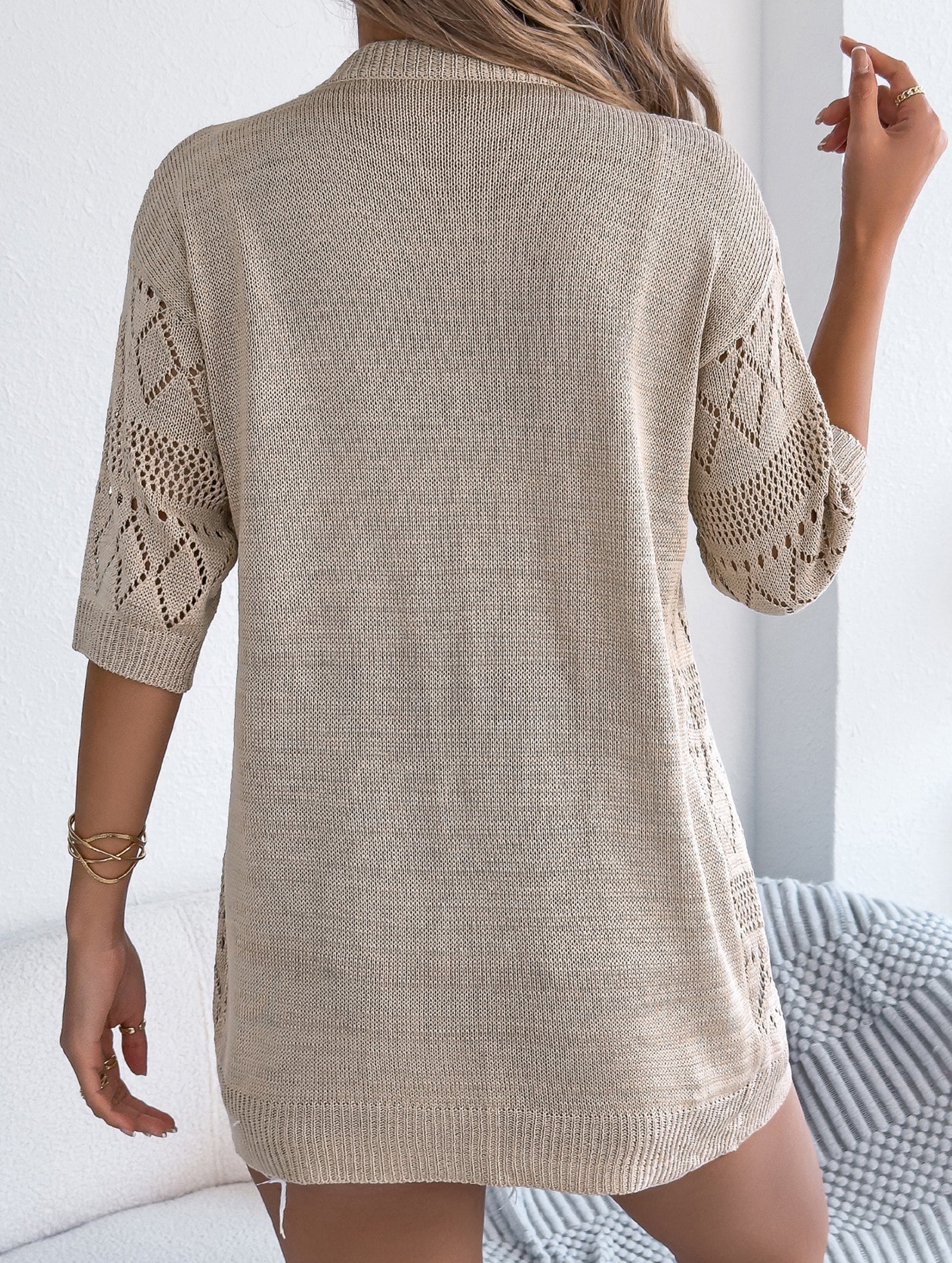 Solid Hollow Mid Sleeve Knit Cardigan_CWOCAS00016