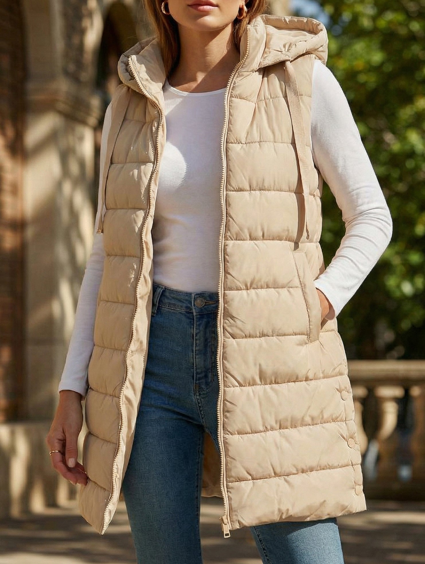 Solid color hooded zip-up cotton vest_CWOCASL00104