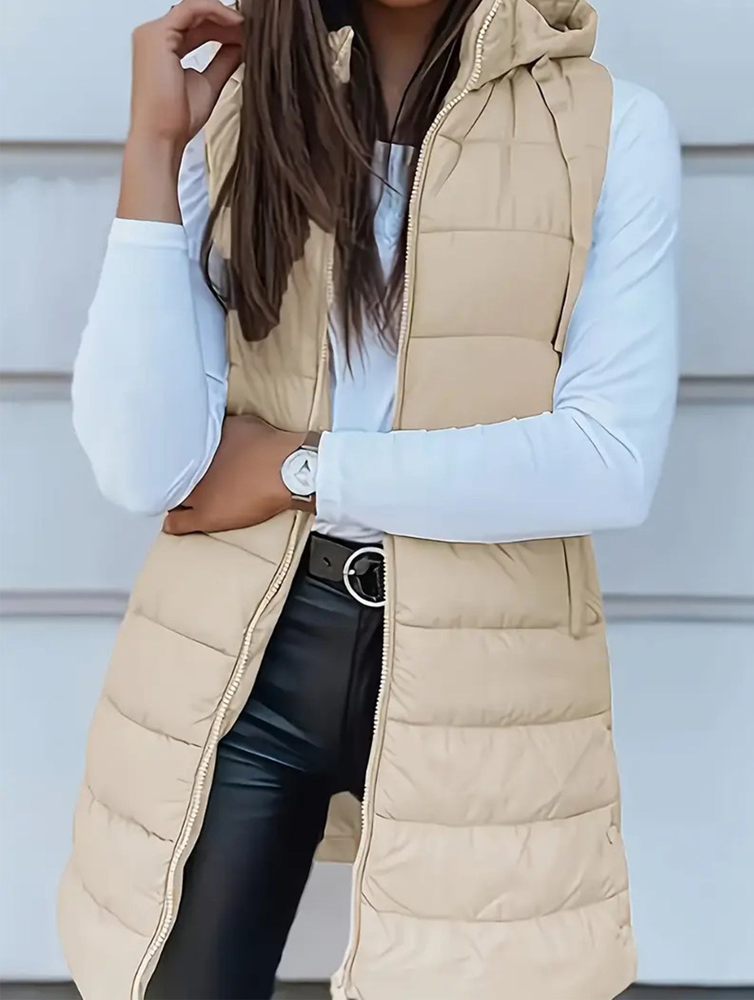 Solid color hooded zip-up cotton vest_CWOCASL00104