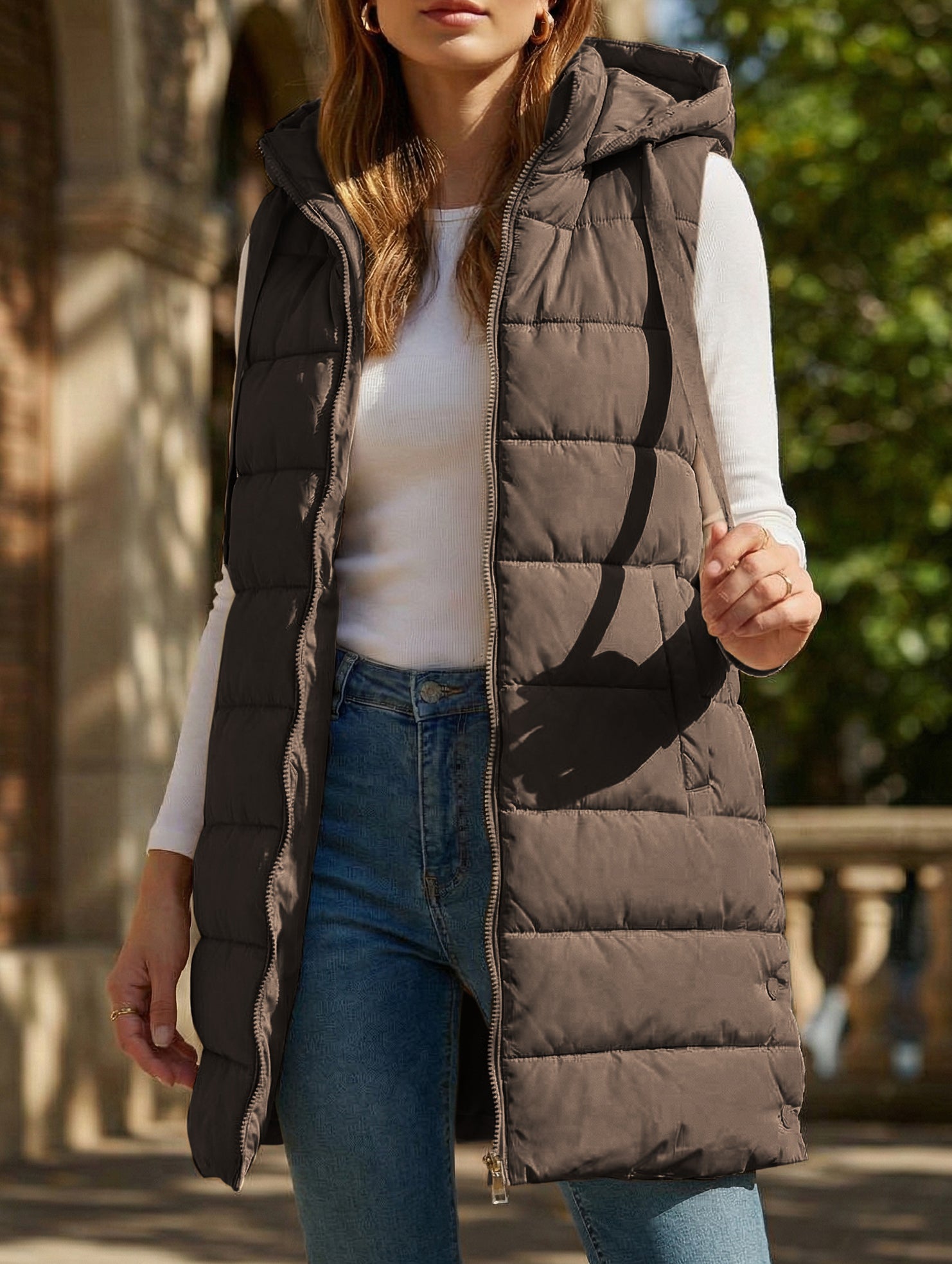 Solid color hooded zip-up cotton vest_CWOCASL00104