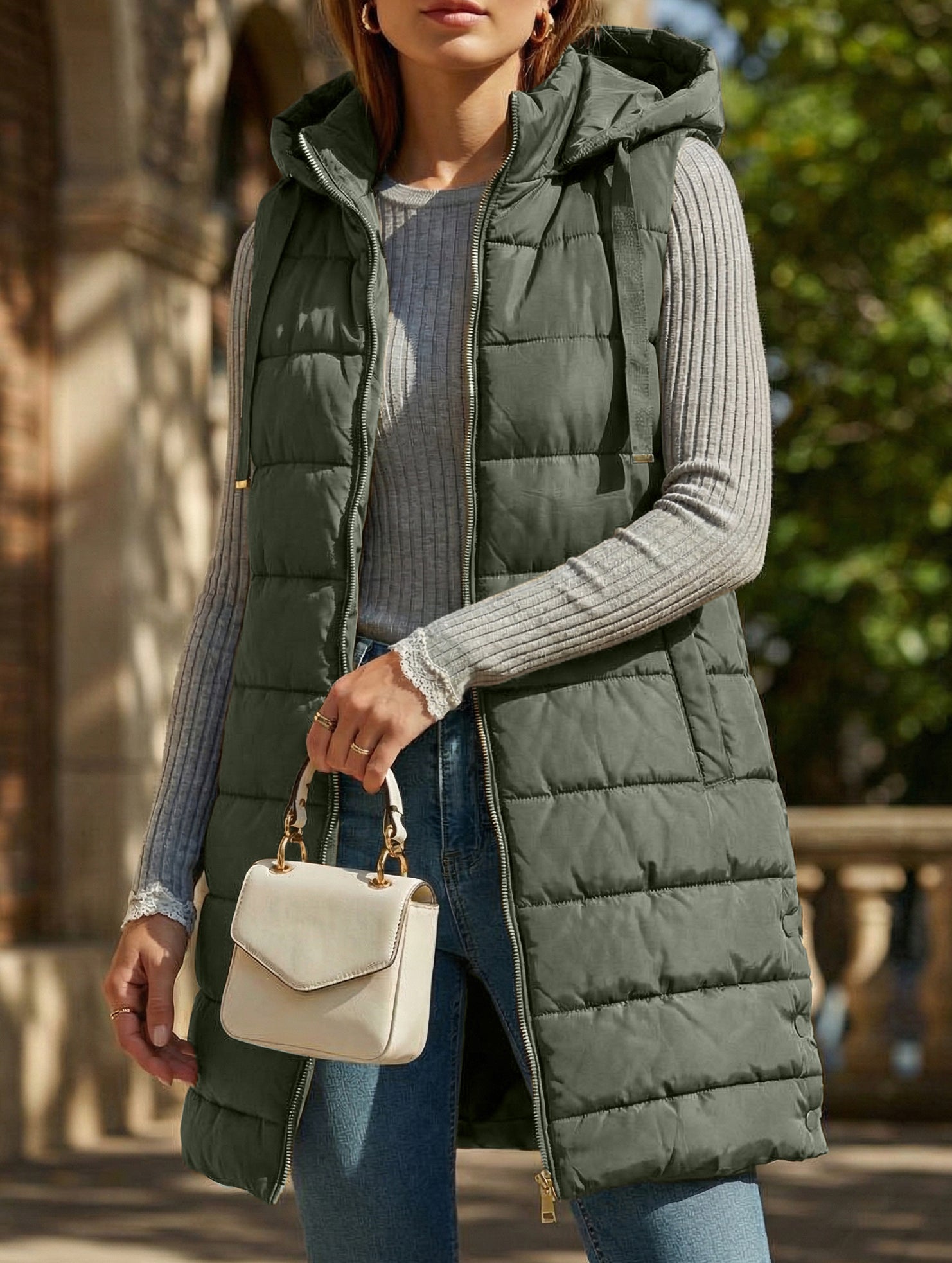 Solid color hooded zip-up cotton vest_CWOCASL00104