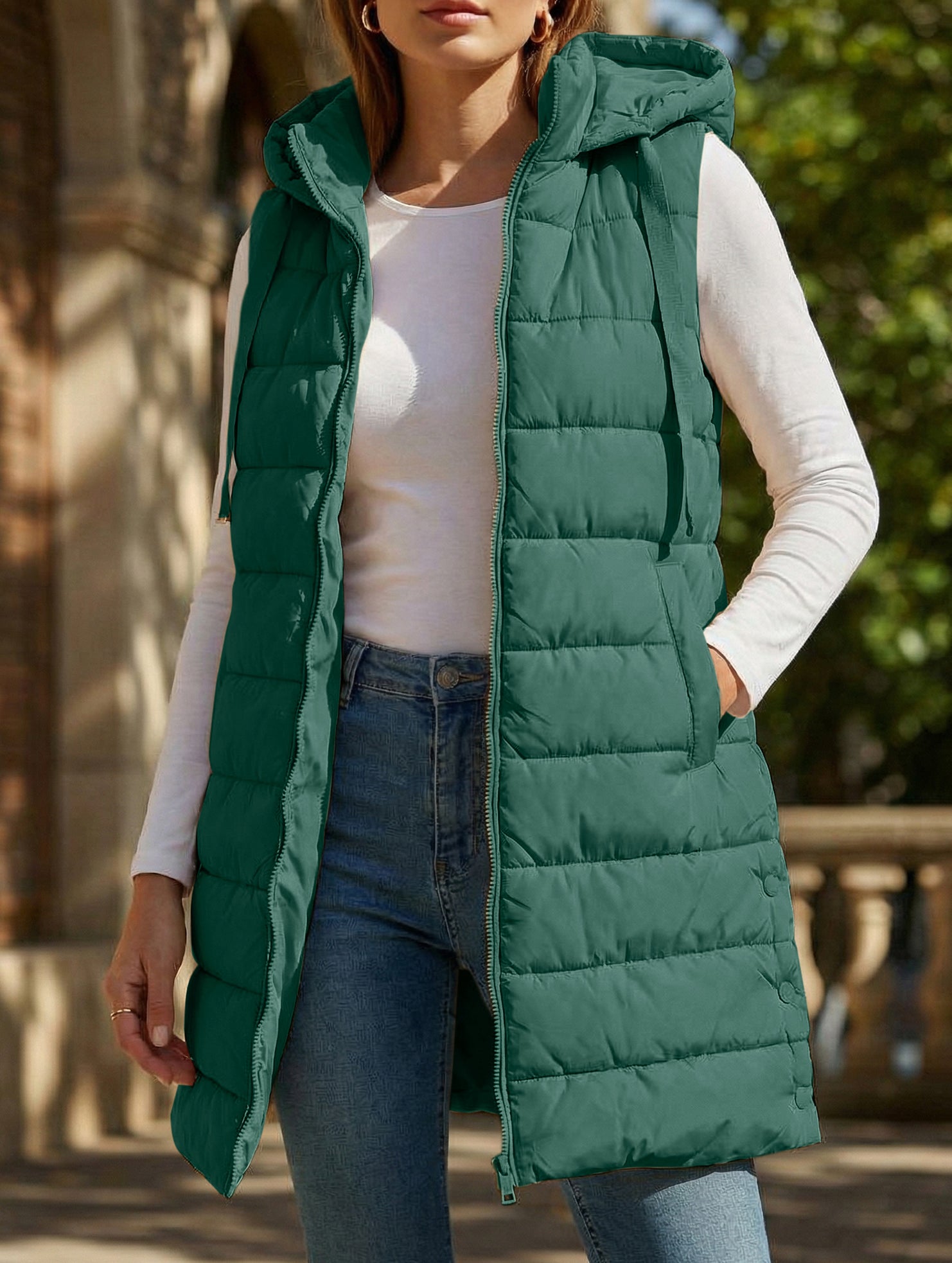 Solid color hooded zip-up cotton vest_CWOCASL00104