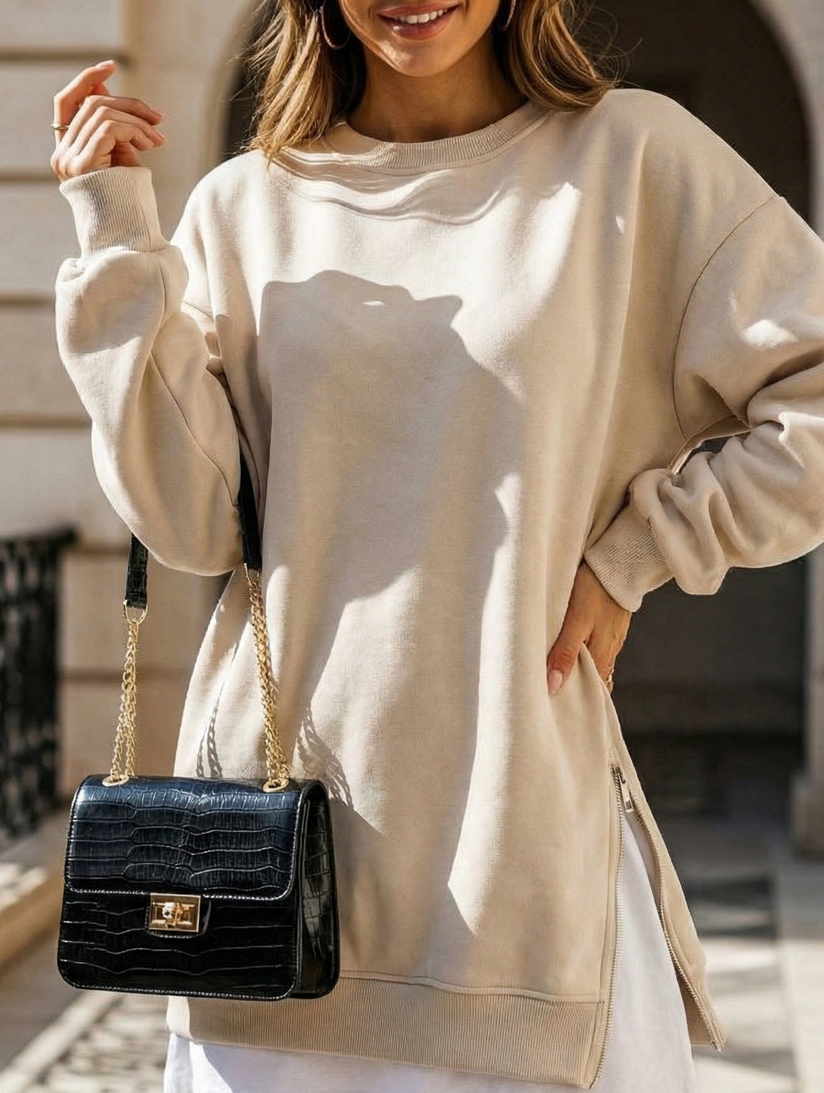 Side Zip Patchwork Pullover Sweatshirt_CWOCO00656