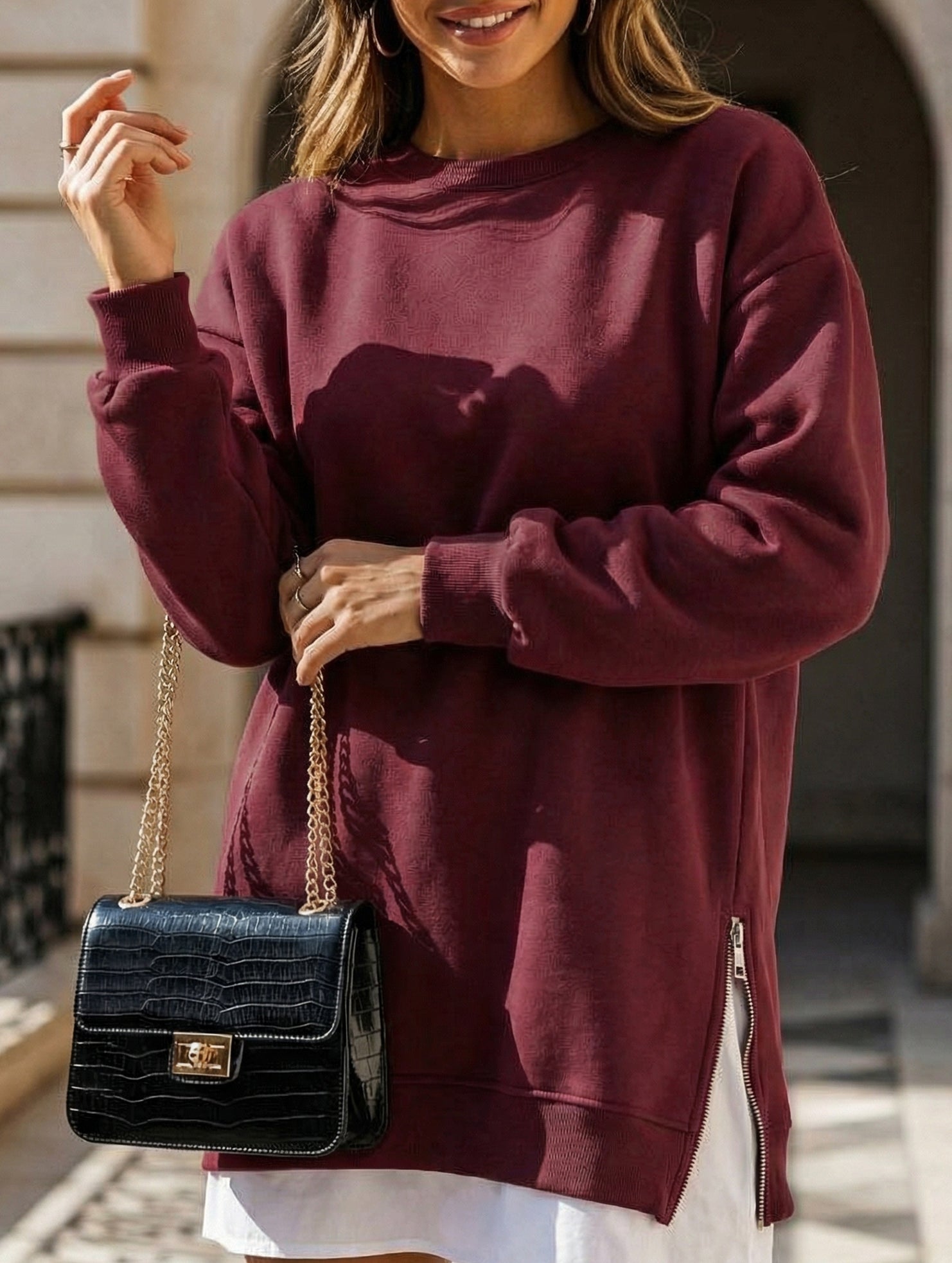 Side Zip Patchwork Pullover Sweatshirt_CWOCO00656