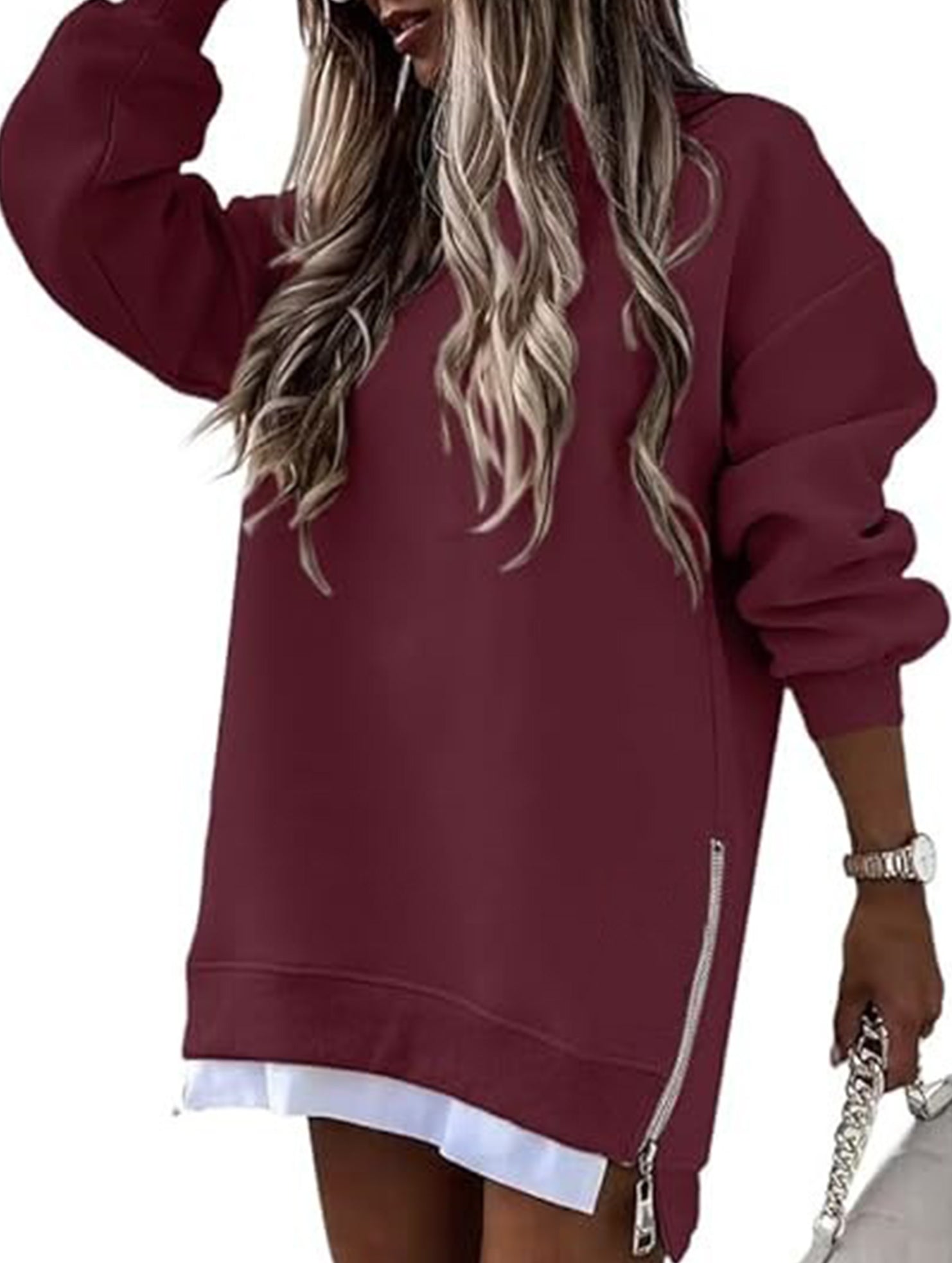 Side Zip Patchwork Pullover Sweatshirt_CWOCO00656