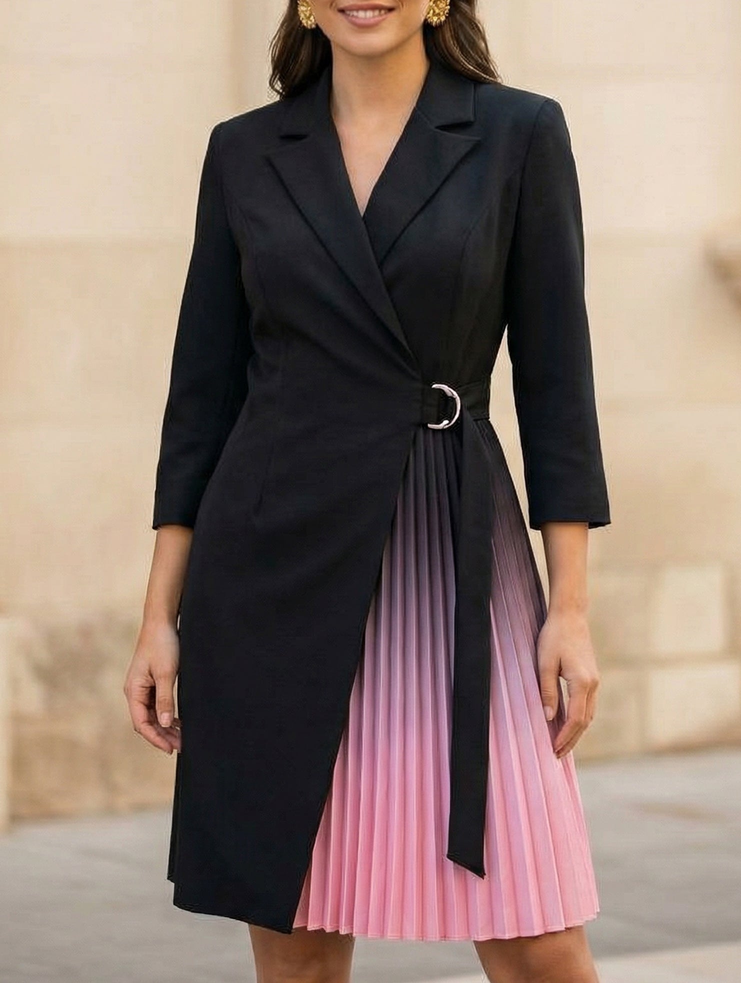 V Neck Tie Waist Pleated Midi Dress_CWOCO00658