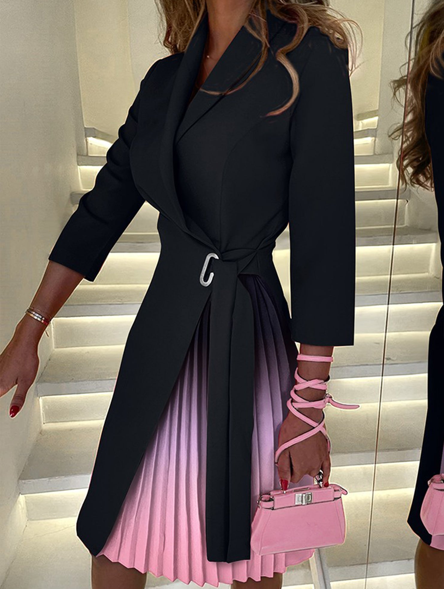 V Neck Tie Waist Pleated Midi Dress_CWOCO00658