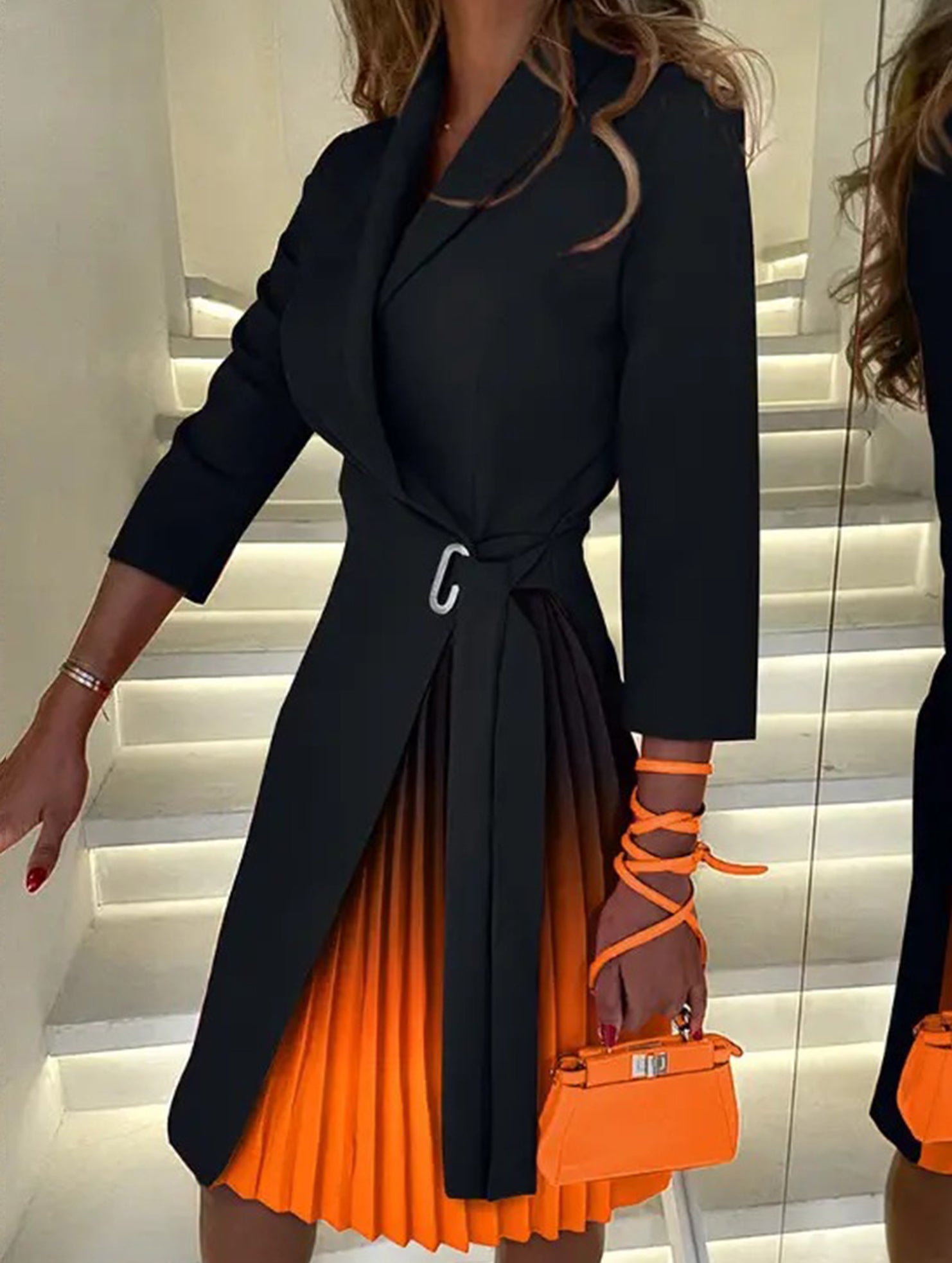 V Neck Tie Waist Pleated Midi Dress_CWOCO00658