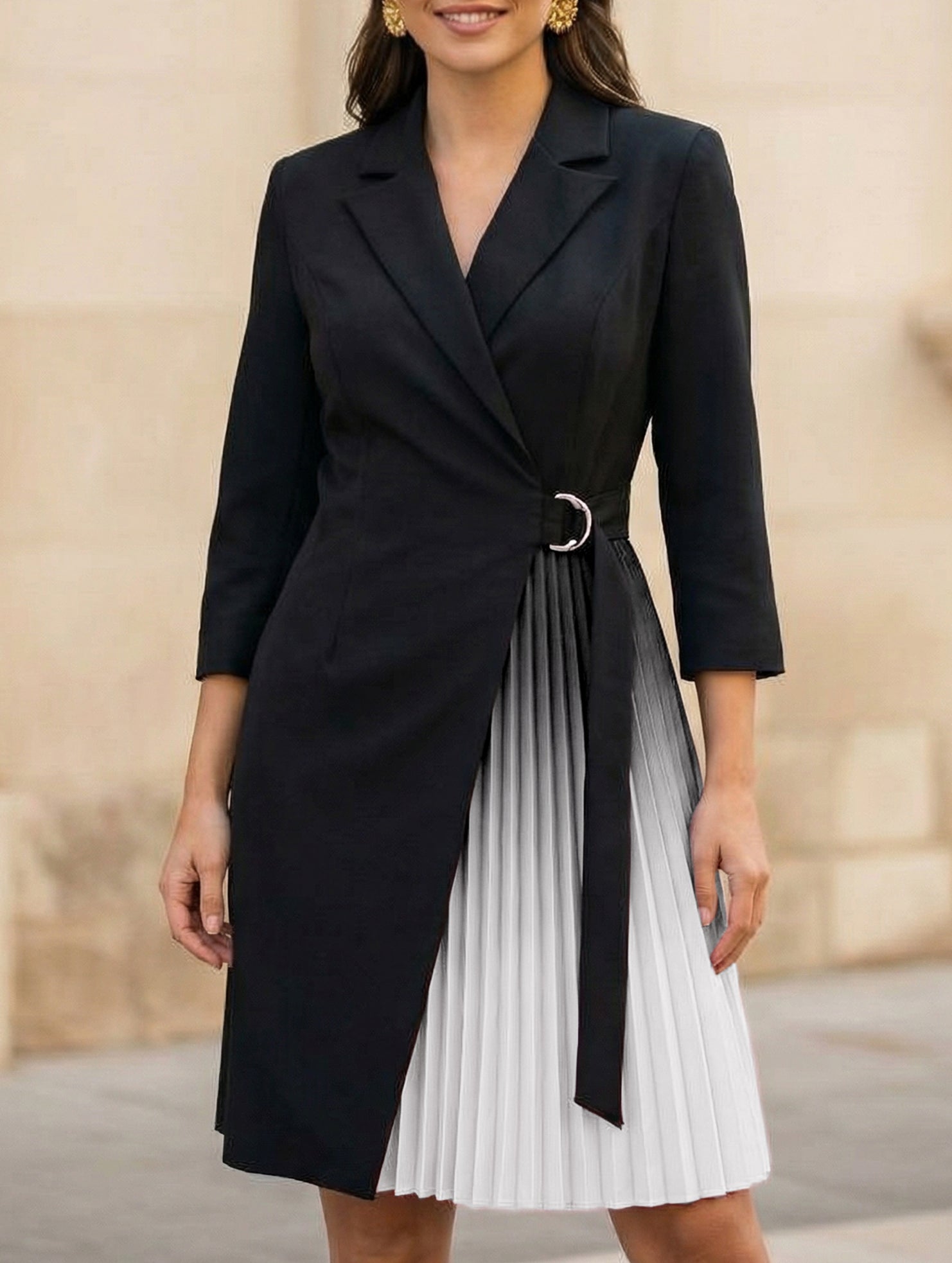 V Neck Tie Waist Pleated Midi Dress_CWOCO00658