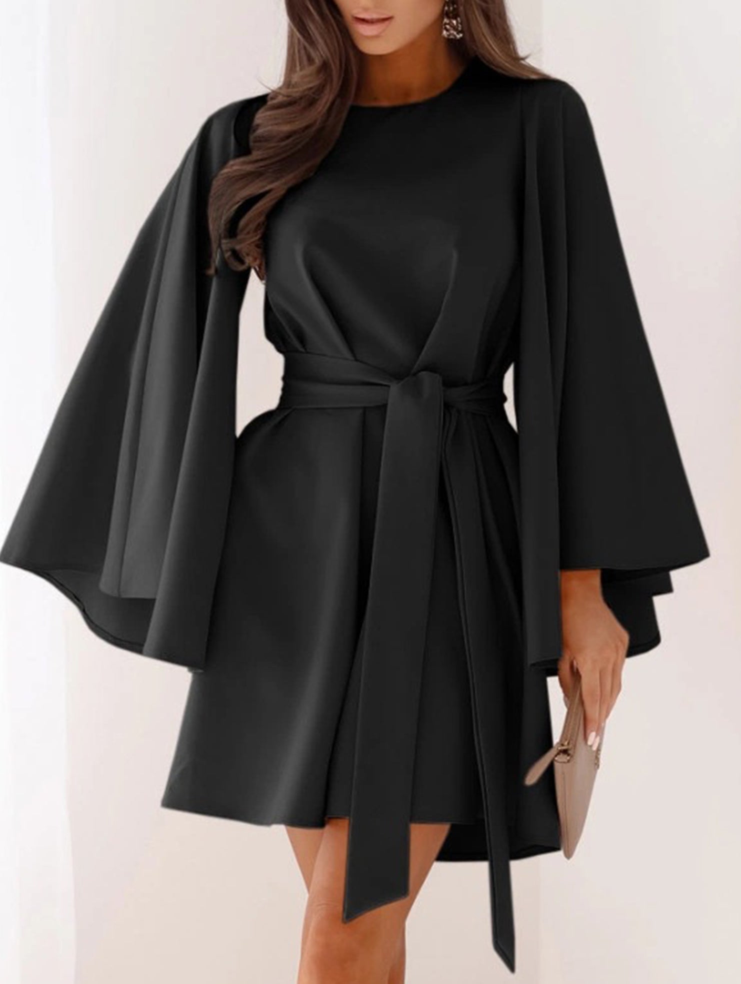 Round Neck Flare Sleeve Belted Dress_CWOCO00662