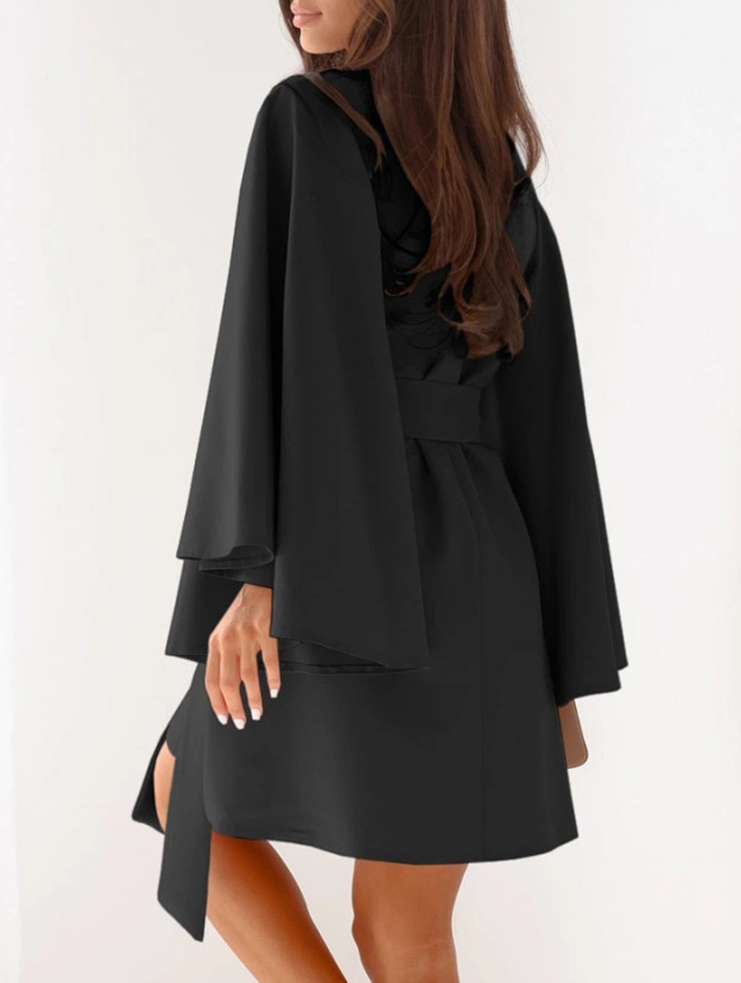 Round Neck Flare Sleeve Belted Dress_CWOCO00662