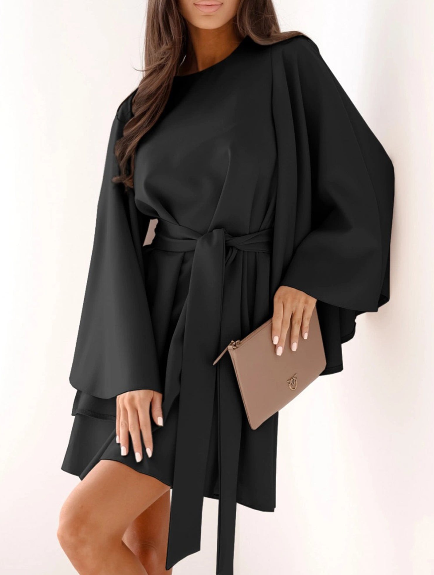 Round Neck Flare Sleeve Belted Dress_CWOCO00662