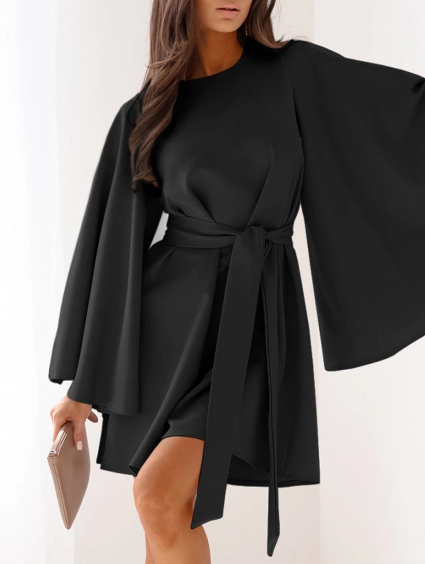 Round Neck Flare Sleeve Belted Dress_CWOCO00662