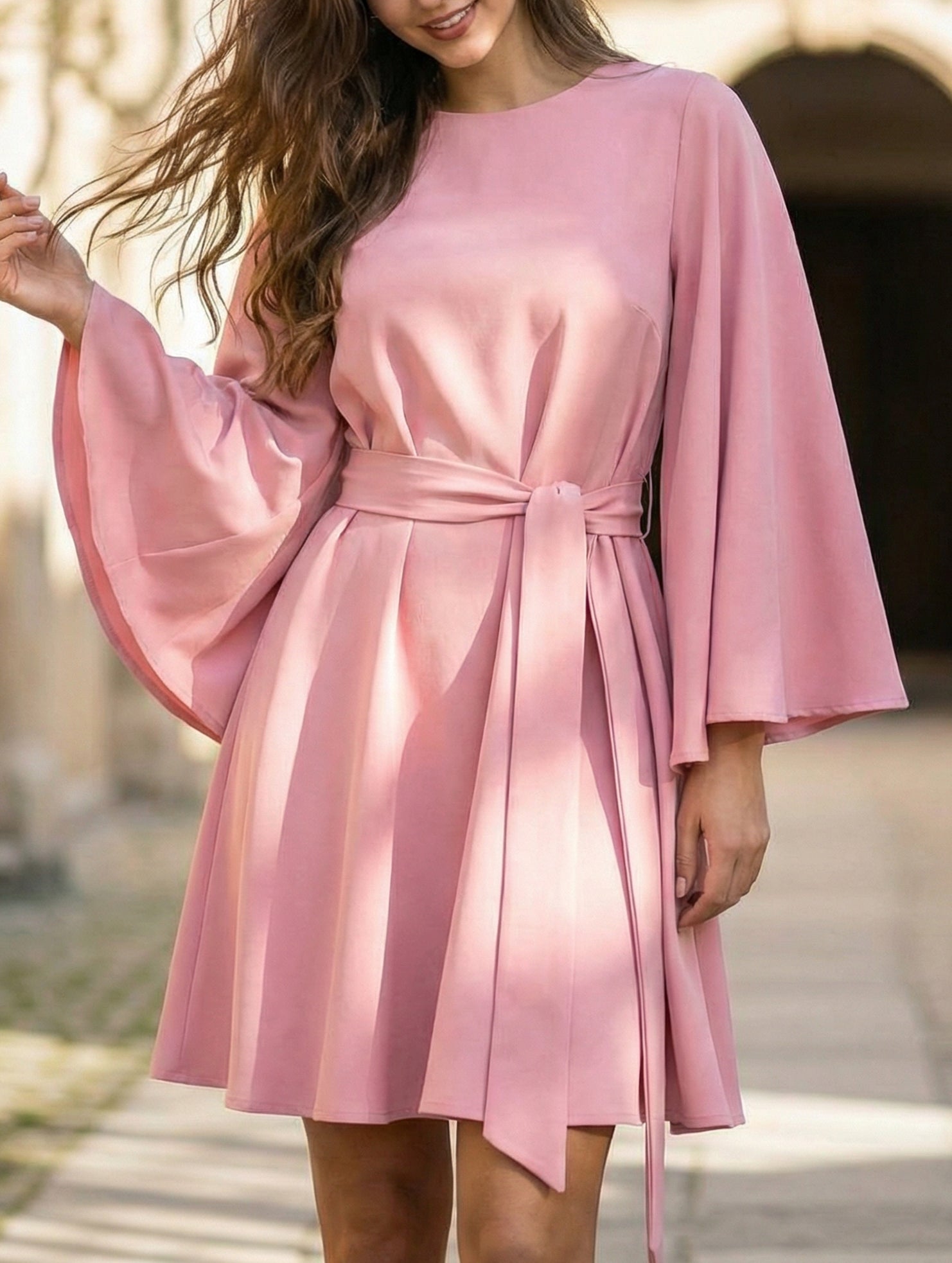 Round Neck Flare Sleeve Belted Dress_CWOCO00662