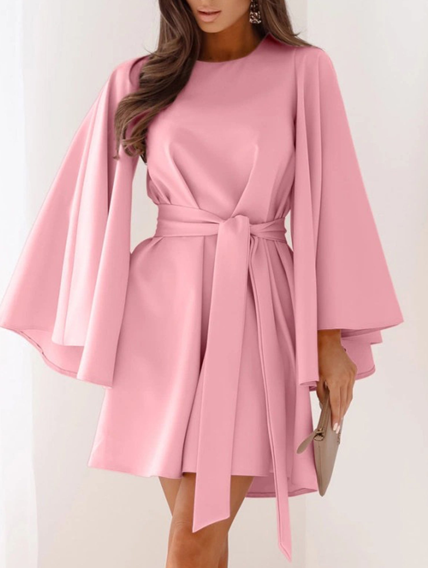 Round Neck Flare Sleeve Belted Dress_CWOCO00662