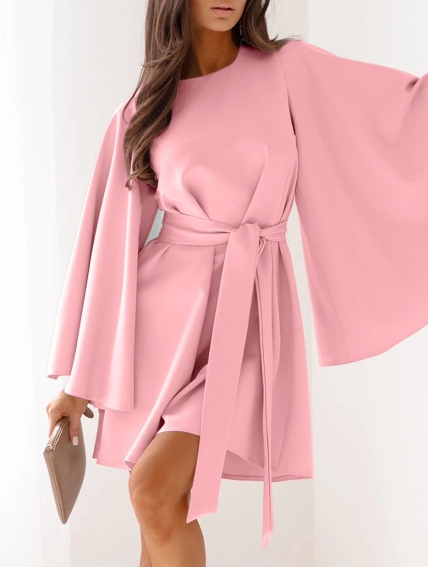 Round Neck Flare Sleeve Belted Dress_CWOCO00662
