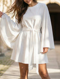 Round Neck Flare Sleeve Belted Dress_CWOCO00662