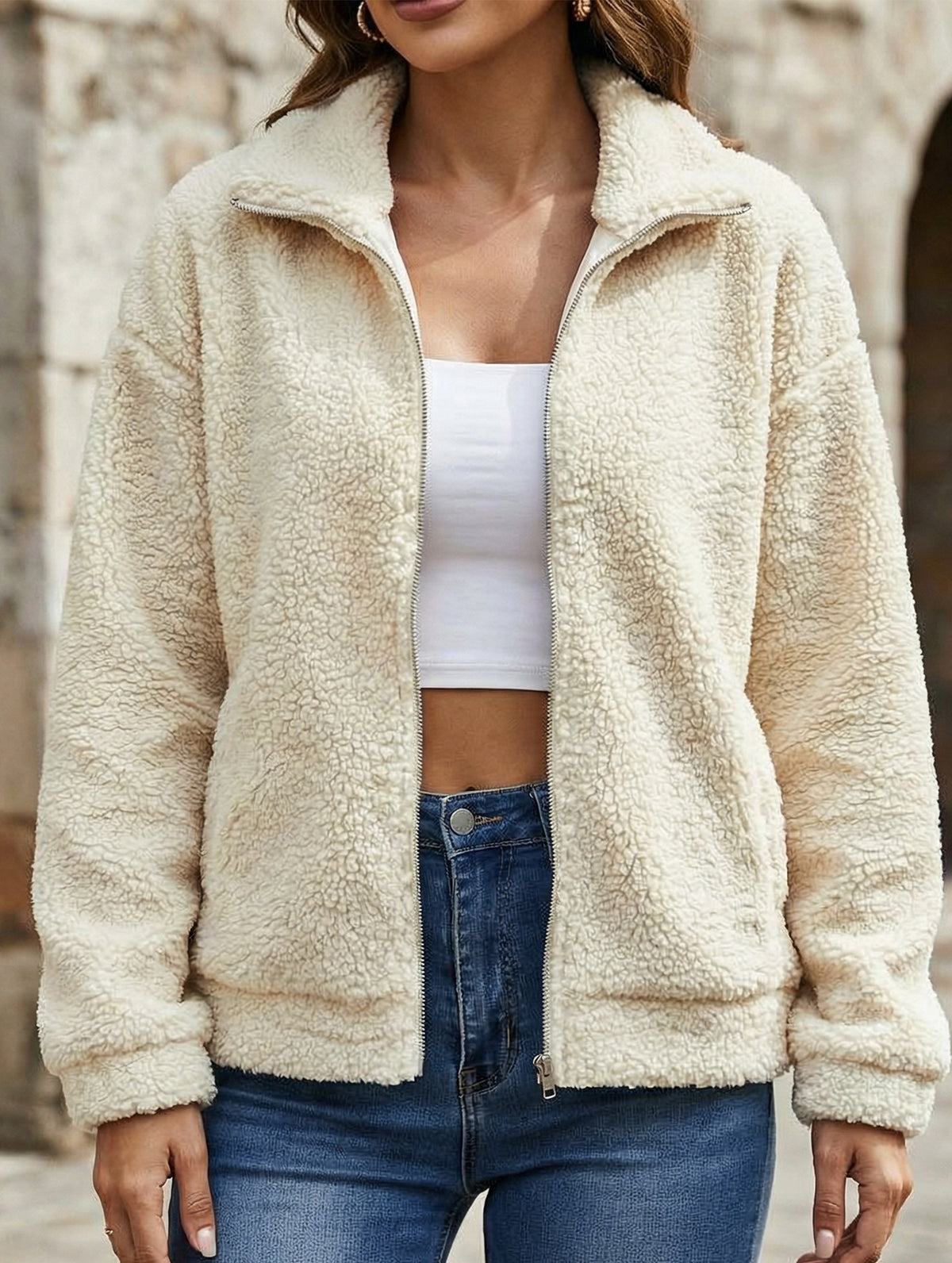 Teddy Fleece Turn Down Collar Jacket_CWOCO00664
