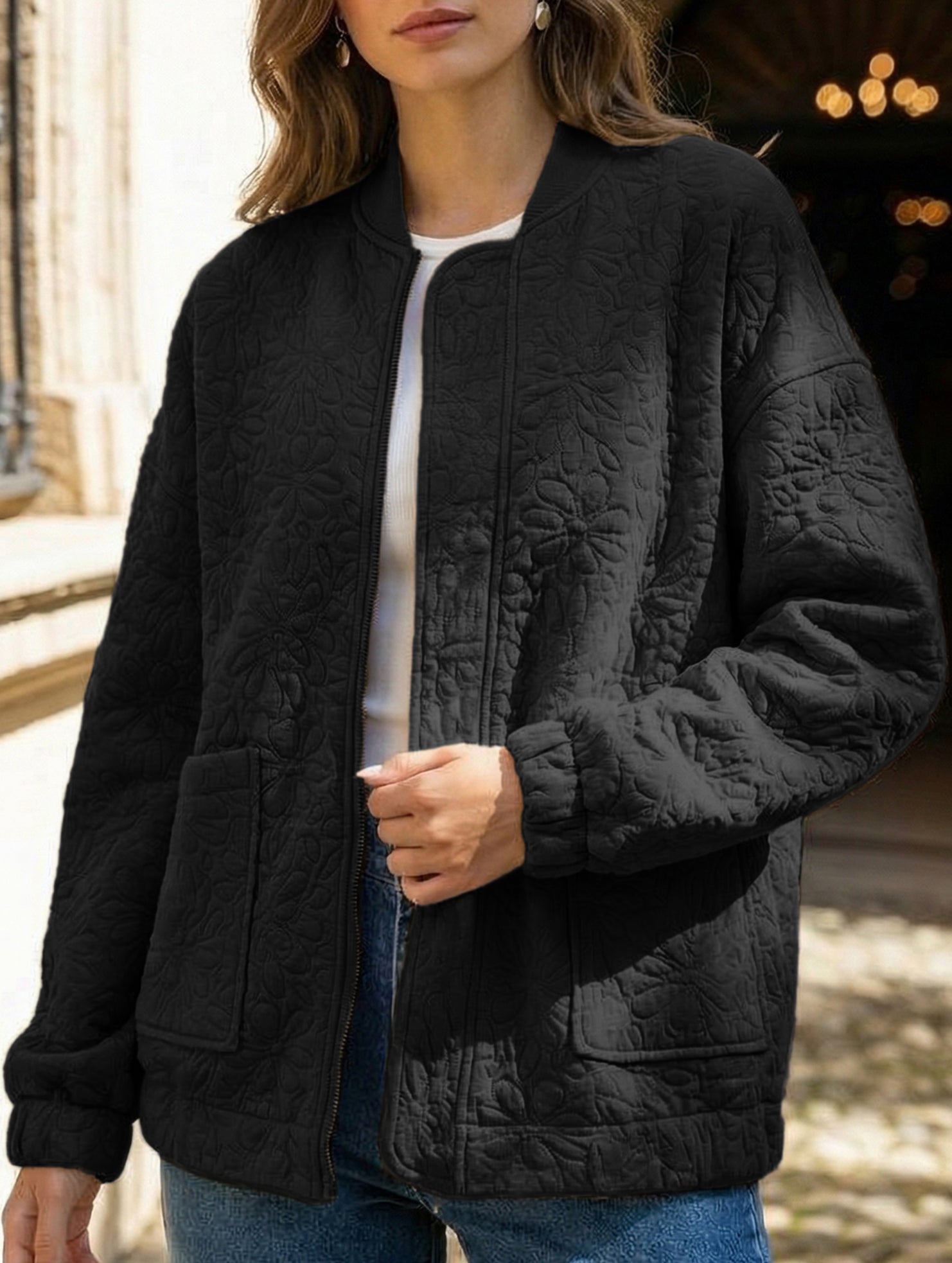Women's Casual Jacquard Zipper Long-Sleeved Jacket_CWOCO00704