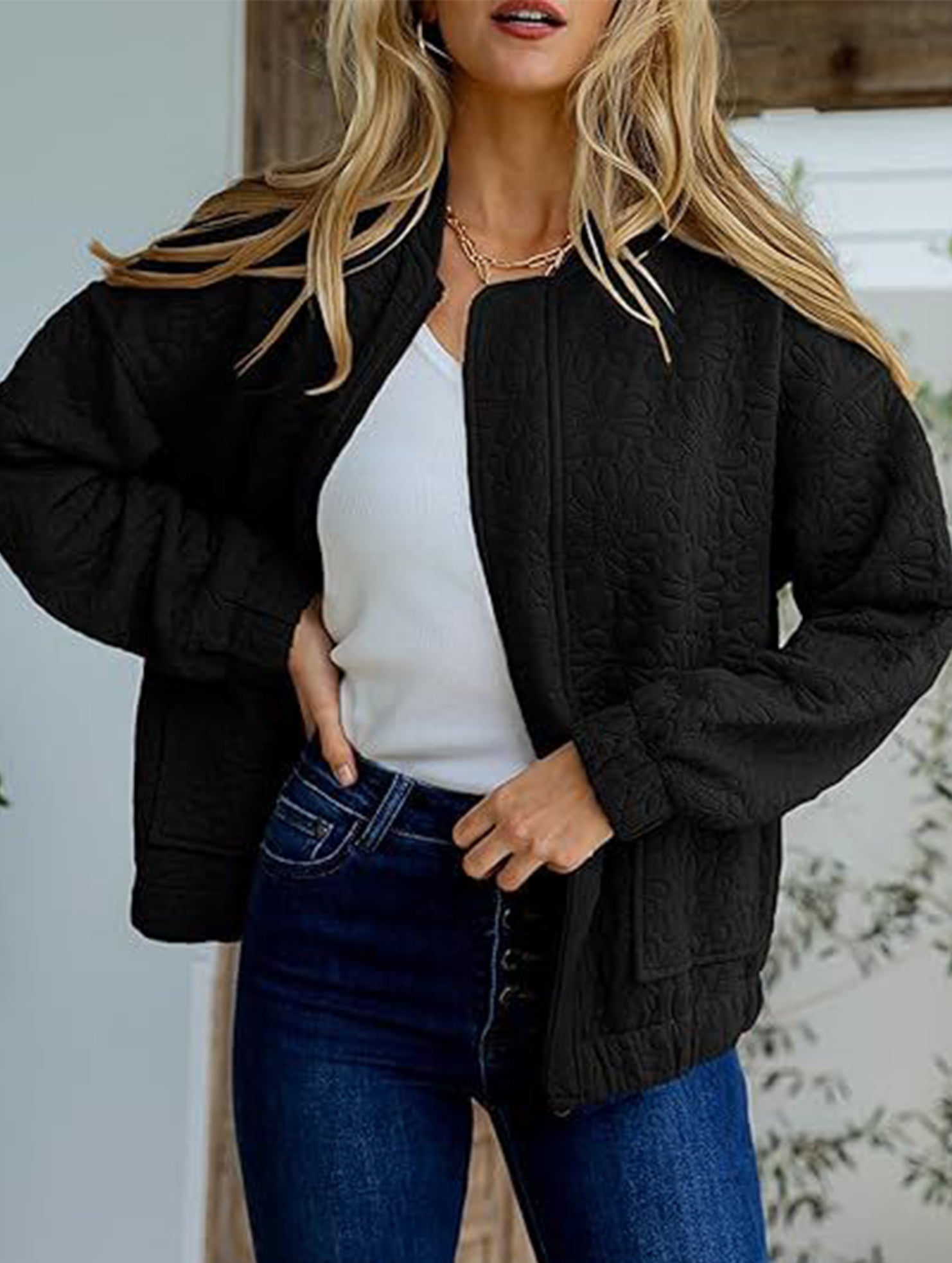 Women's Casual Jacquard Zipper Long-Sleeved Jacket_CWOCO00704
