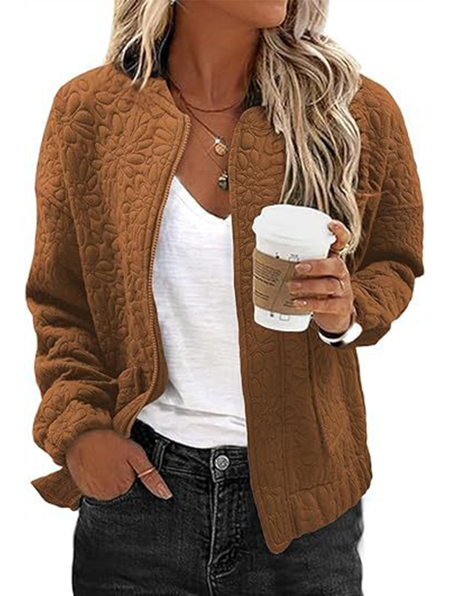 Women's Casual Jacquard Zipper Long-Sleeved Jacket_CWOCO00704