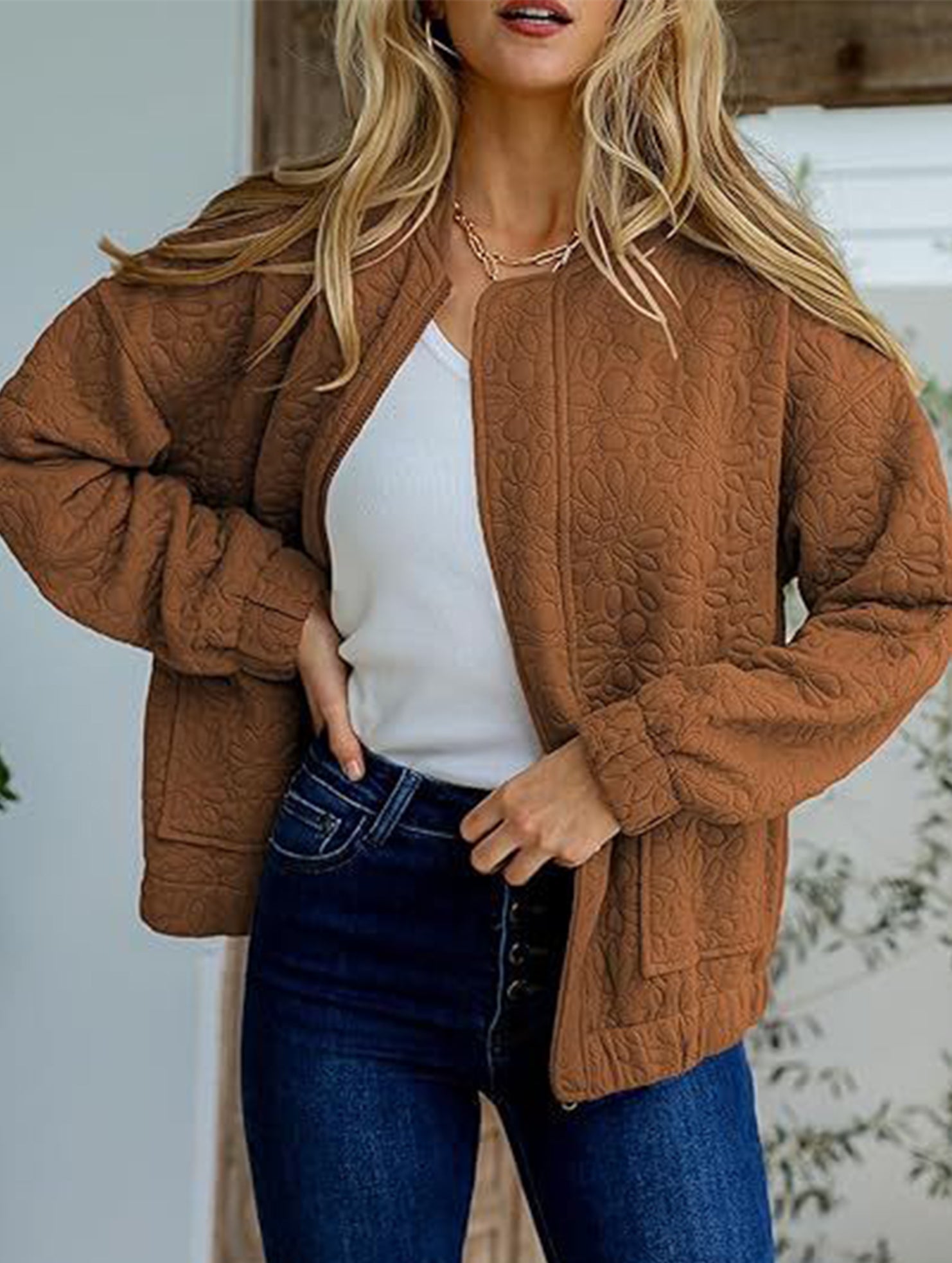 Women's Casual Jacquard Zipper Long-Sleeved Jacket_CWOCO00704