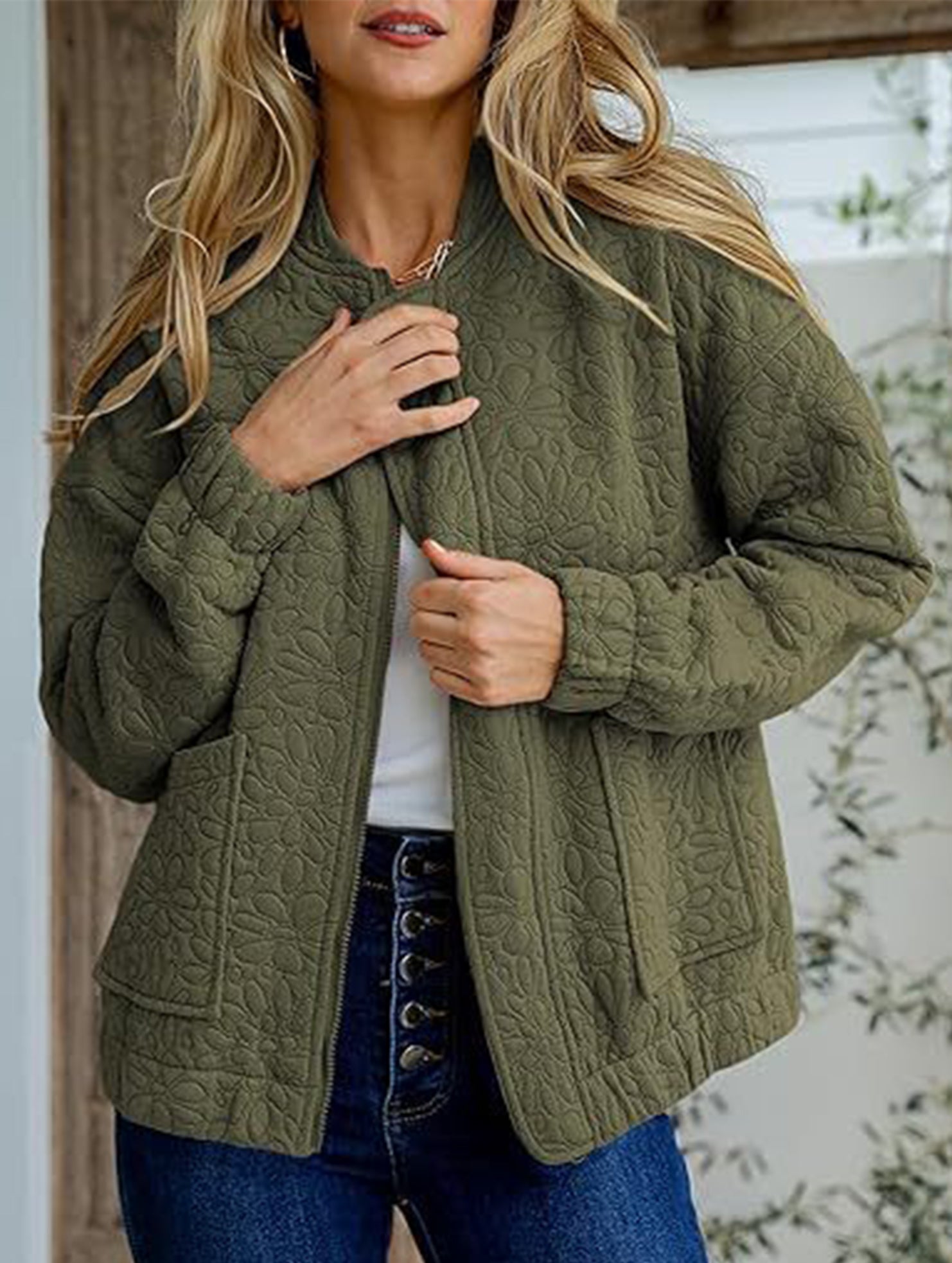 Women's Casual Jacquard Zipper Long-Sleeved Jacket_CWOCO00704