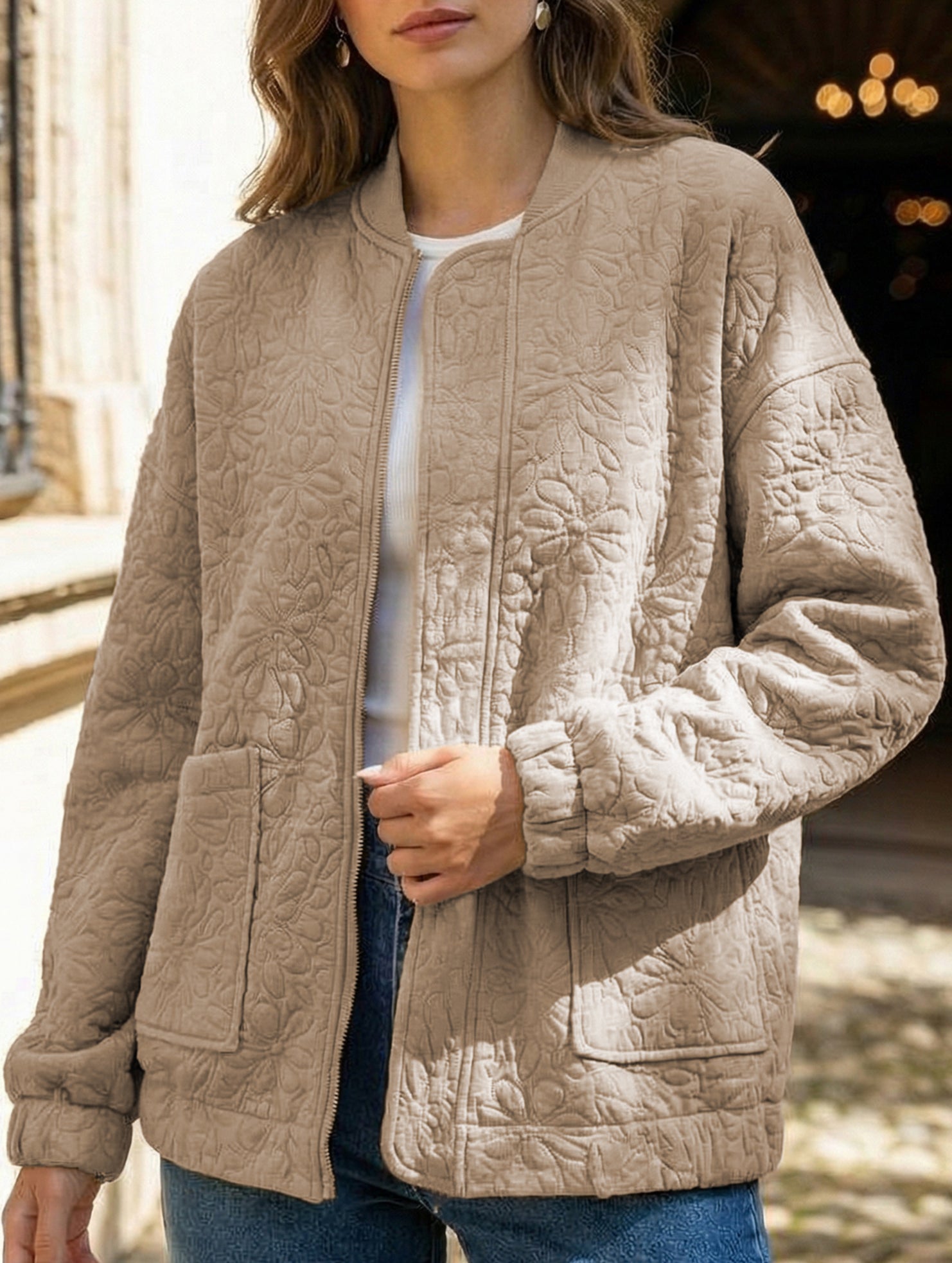 Women's Casual Jacquard Zipper Long-Sleeved Jacket_CWOCO00704