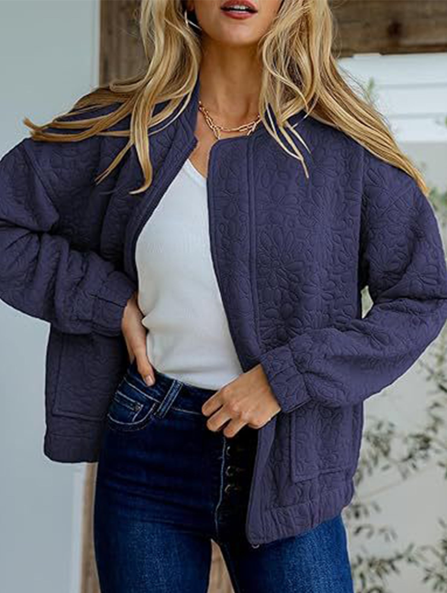 Women's Casual Jacquard Zipper Long-Sleeved Jacket_CWOCO00704