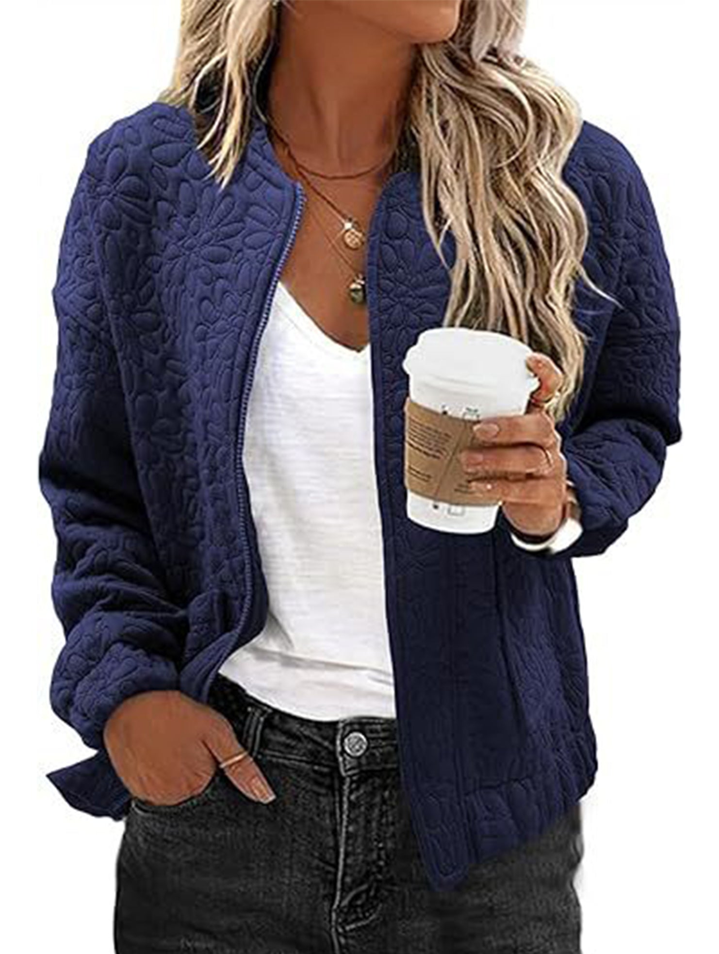Women's Casual Jacquard Zipper Long-Sleeved Jacket_CWOCO00704