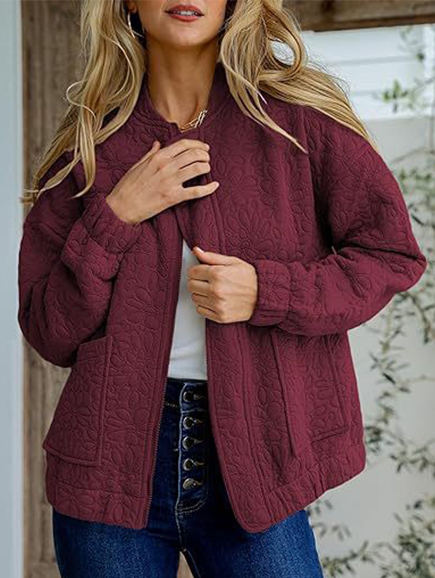 Women's Casual Jacquard Zipper Long-Sleeved Jacket_CWOCO00704
