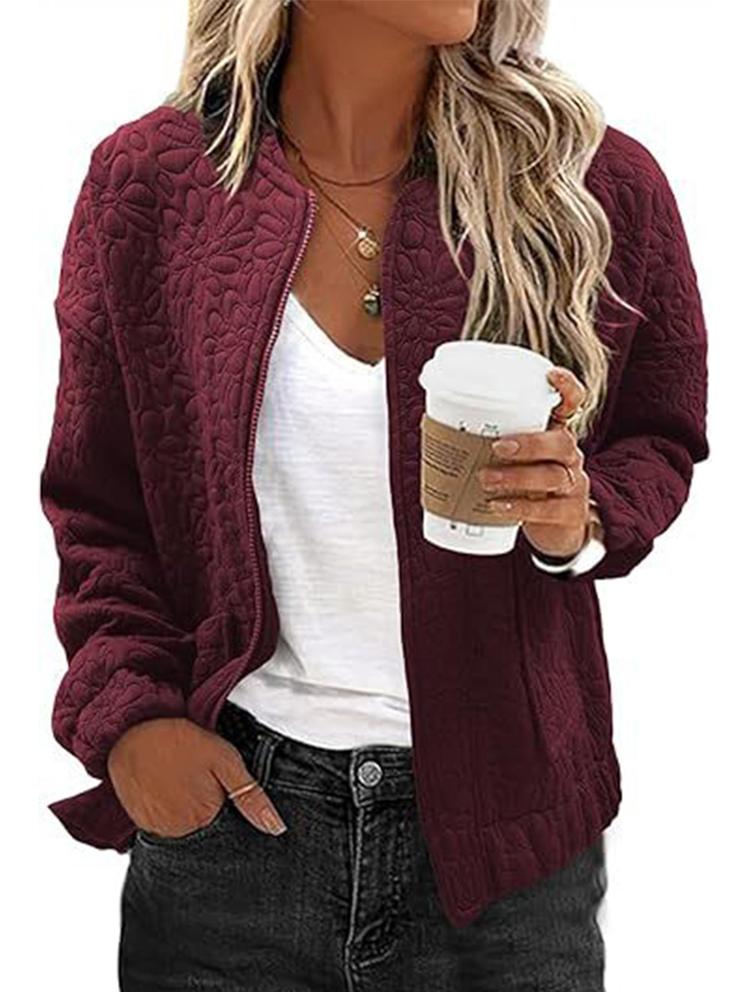 Women's Casual Jacquard Zipper Long-Sleeved Jacket_CWOCO00704