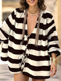 Striped color-blocked bow tie knit cardigan