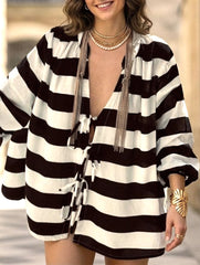 Striped color-blocked bow tie knit cardigan