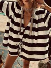 Striped color-blocked bow tie knit cardigan