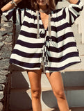 Striped color-blocked bow tie knit cardigan