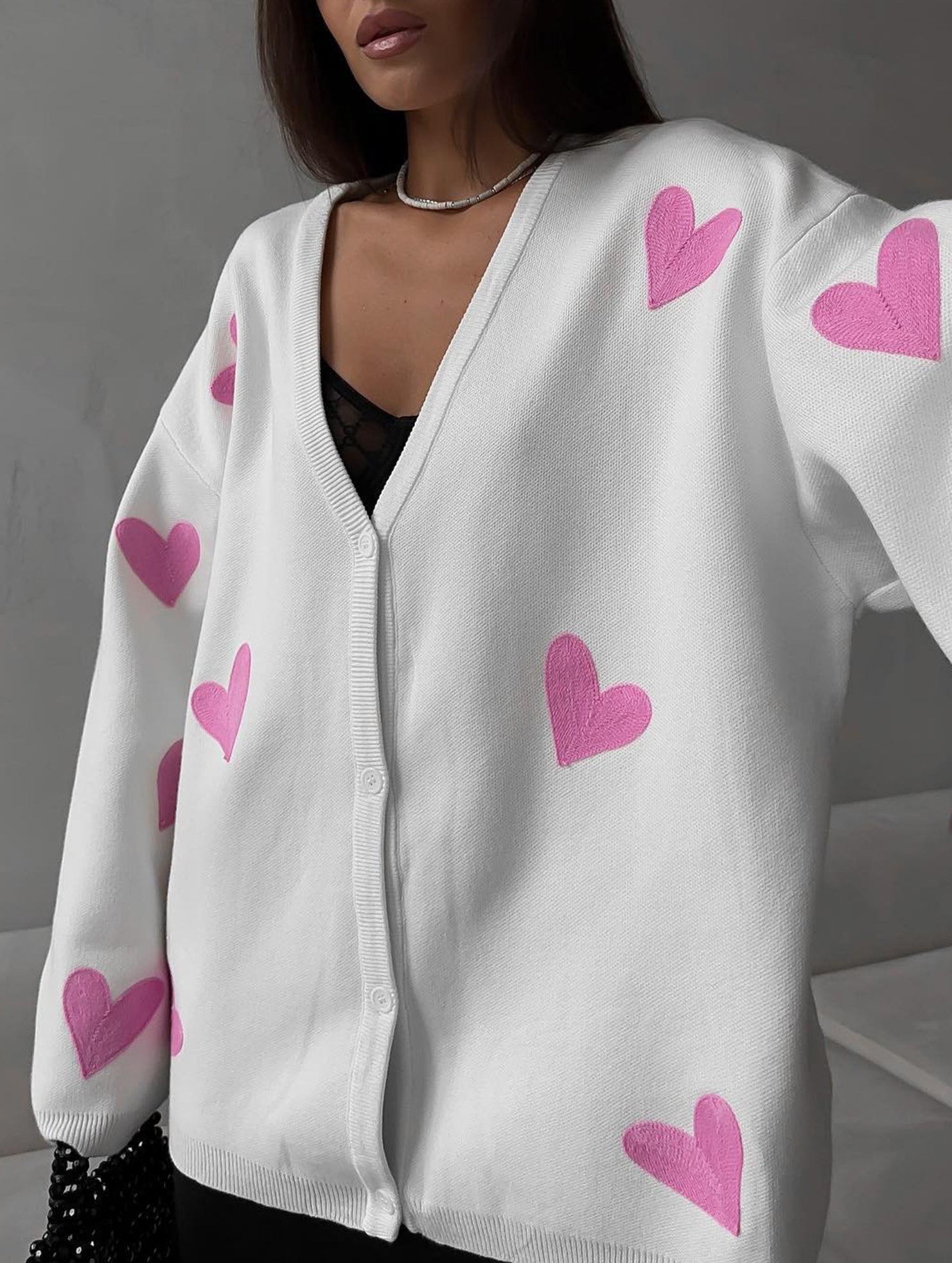 Heart Embroidery Loose Knit Cardigan for Women_CWOCO00753