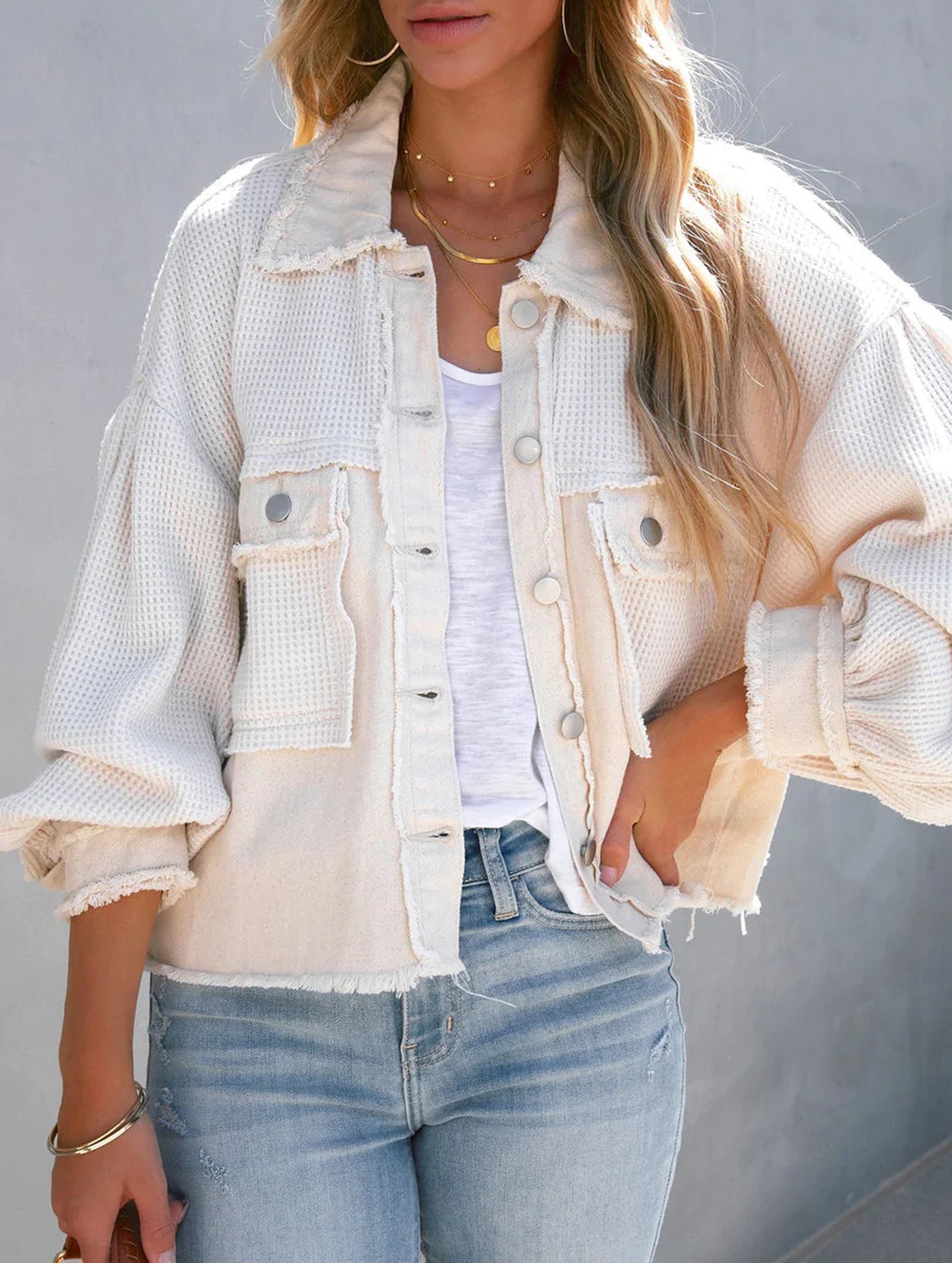 Casual and stylish waffle patchwork washed jacket_CWOCO00780