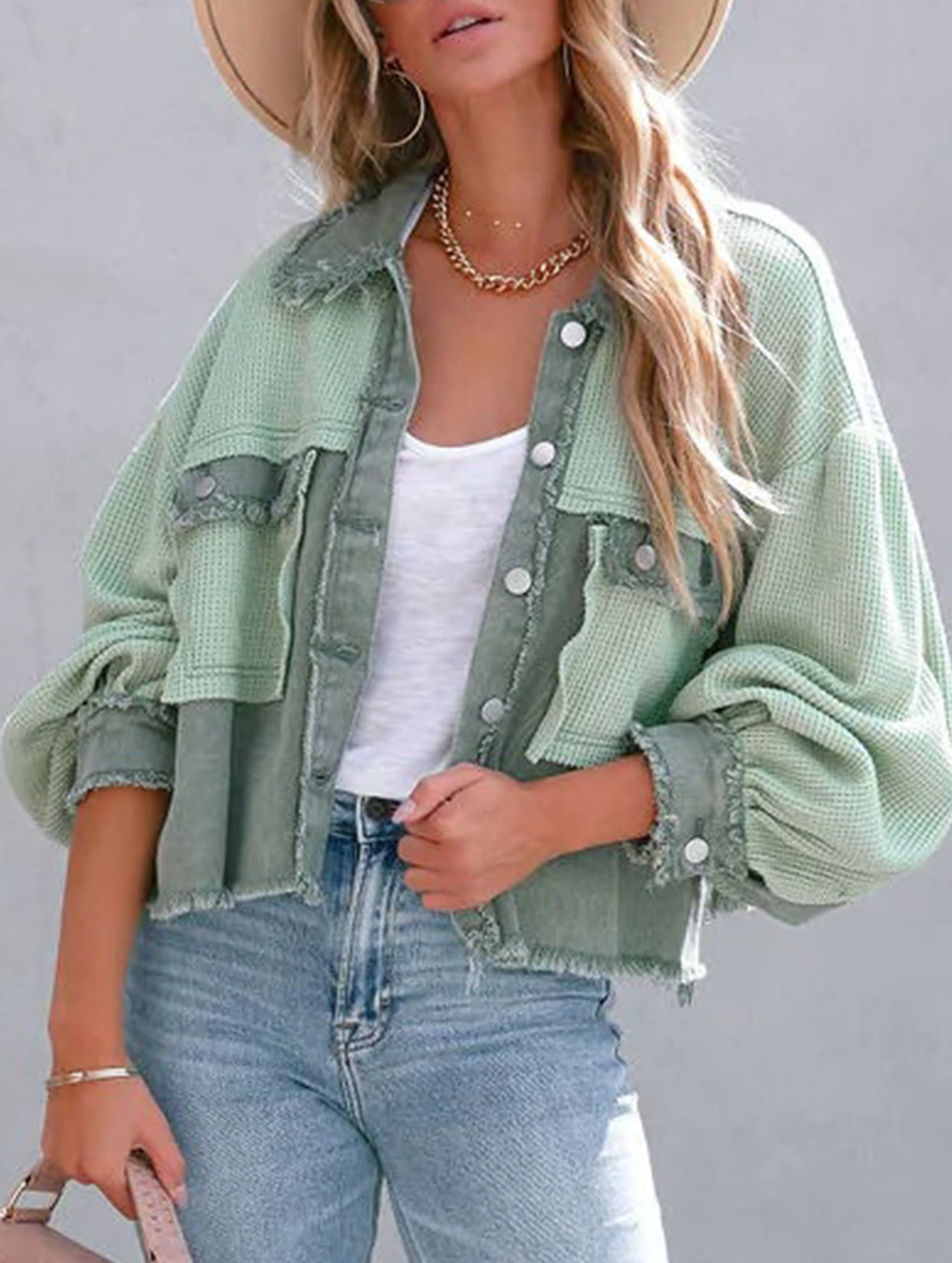Casual and stylish waffle patchwork washed jacket_CWOCO00780