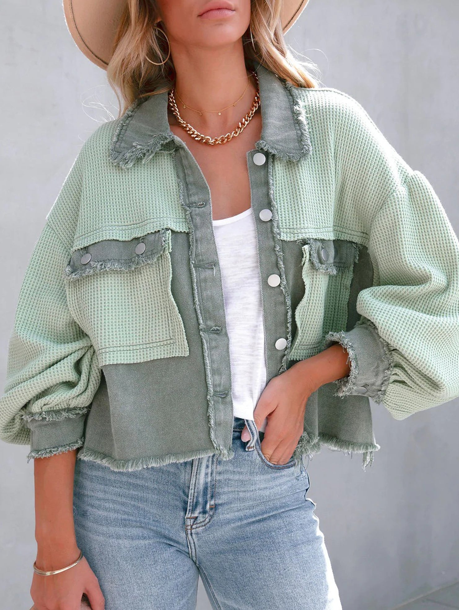Casual and stylish waffle patchwork washed jacket