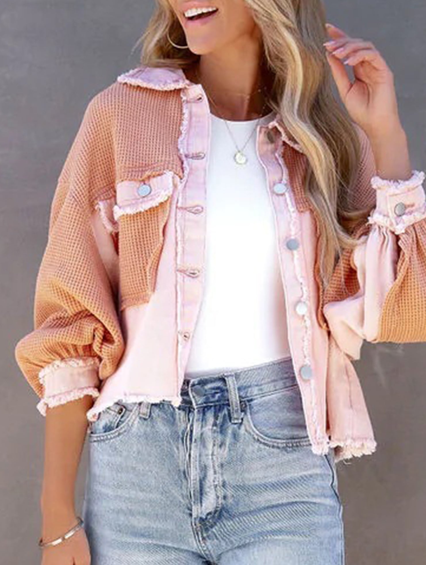 Casual and stylish waffle patchwork washed jacket_CWOCO00780