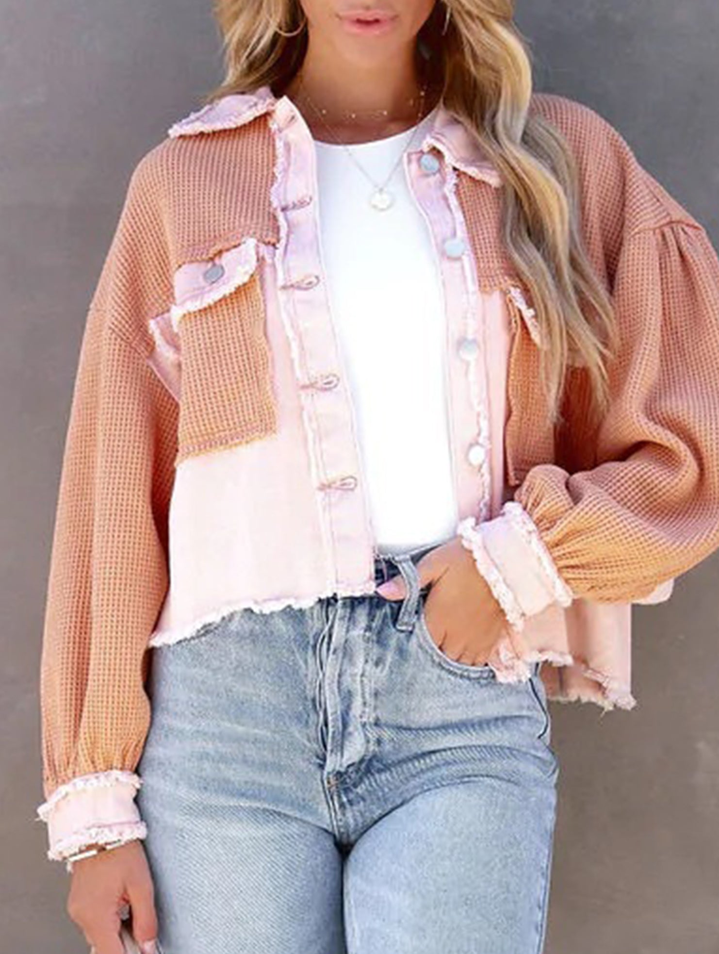 Casual and stylish waffle patchwork washed jacket_CWOCO00780