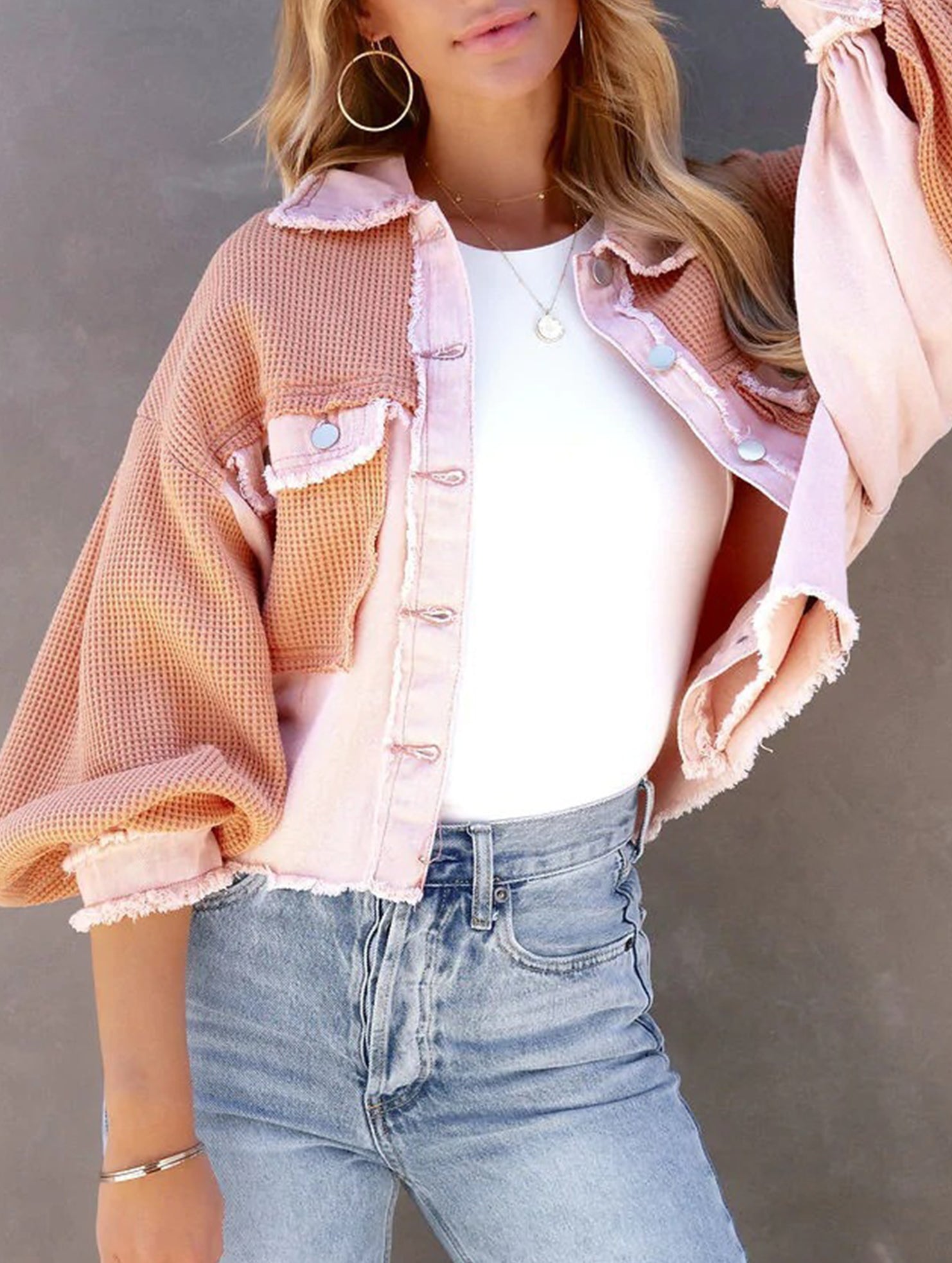 Casual and stylish waffle patchwork washed jacket