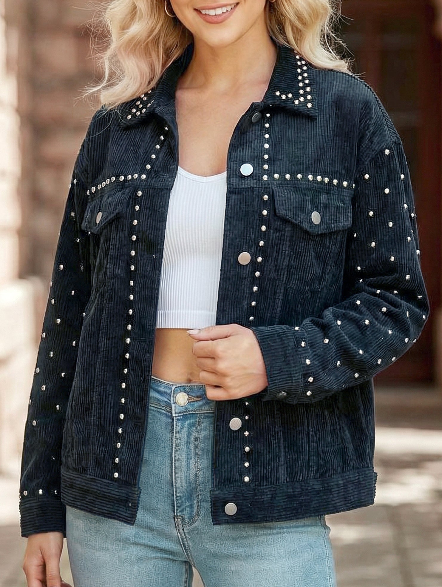 Studded heavy-duty casual fashion corduroy short jacket