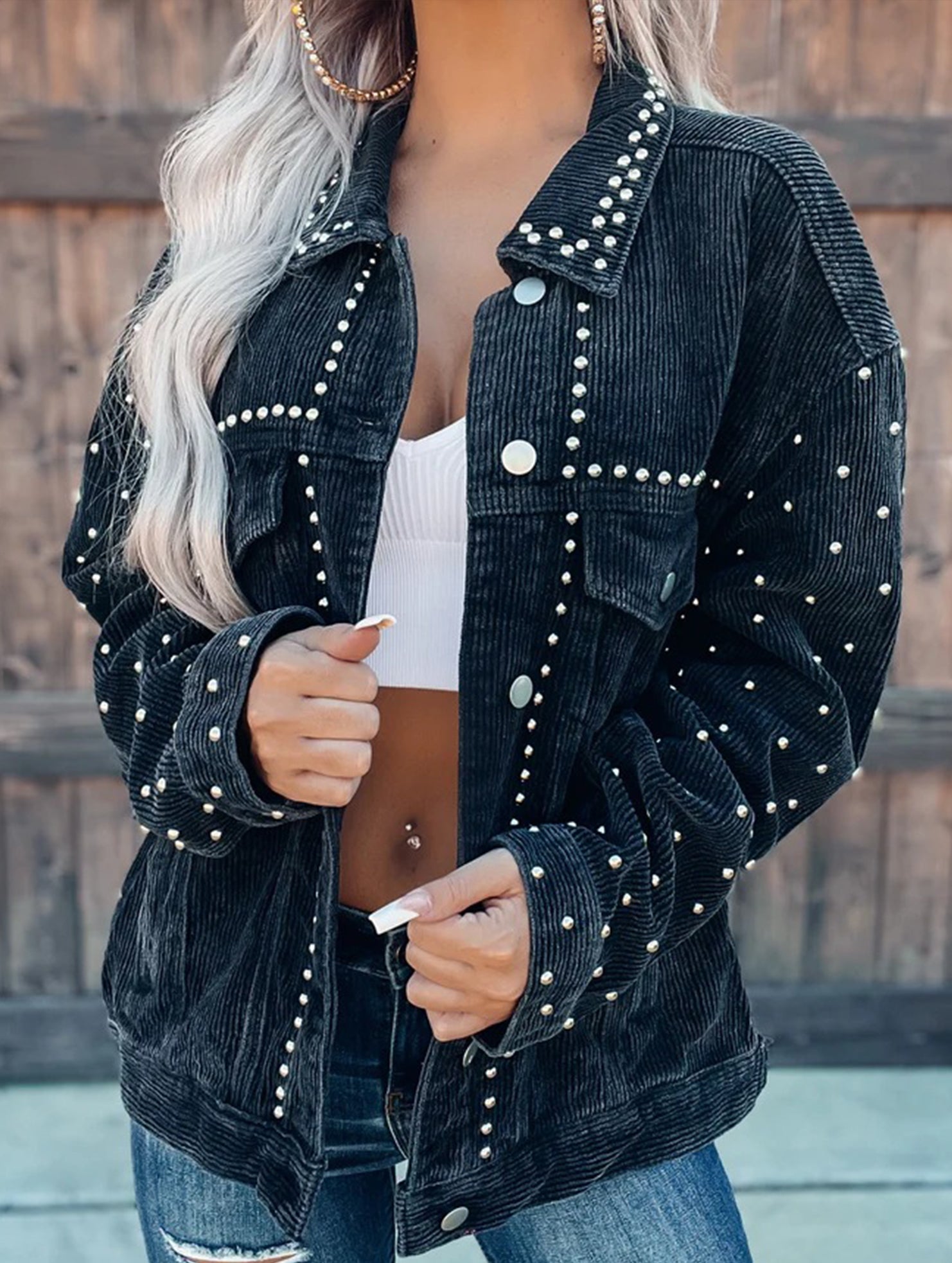 Studded heavy-duty casual fashion corduroy short jacket_CWOCO00781